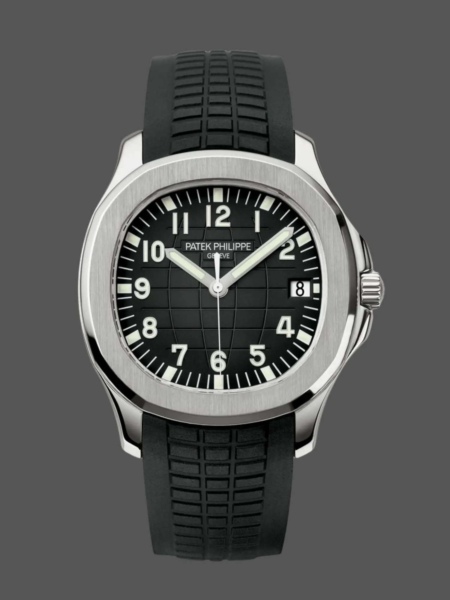 Front view of the Patek Philippe Aquanaut 5167A-001 with black dial and rubber strap.