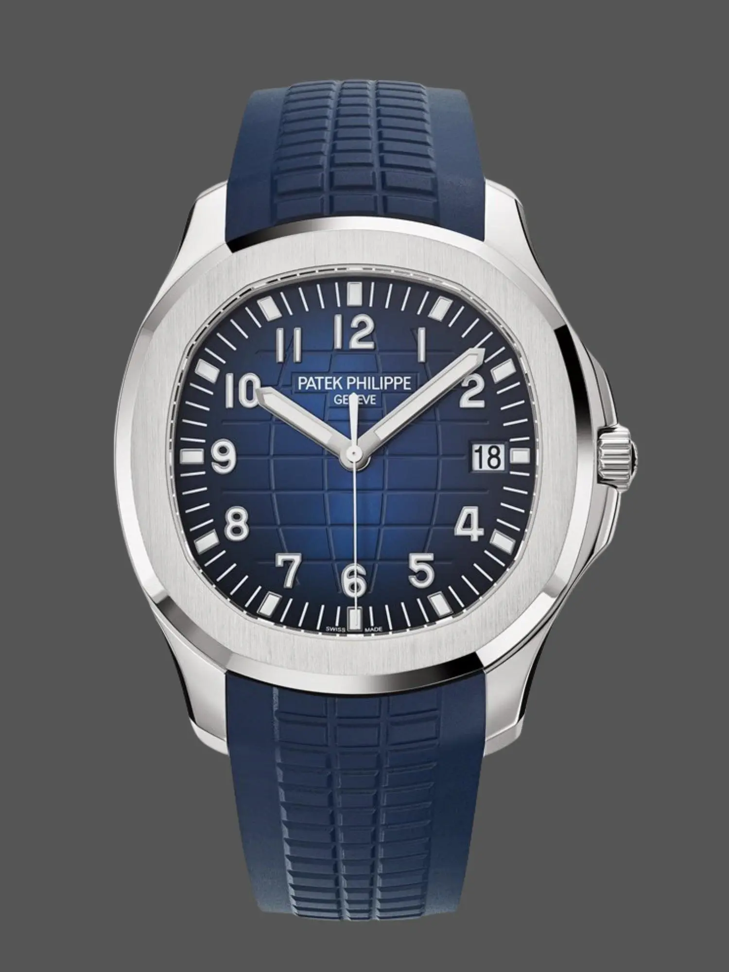 Front view of the Patek Philippe Aquanaut 5168G-001 showing the blue dial and rubber strap.