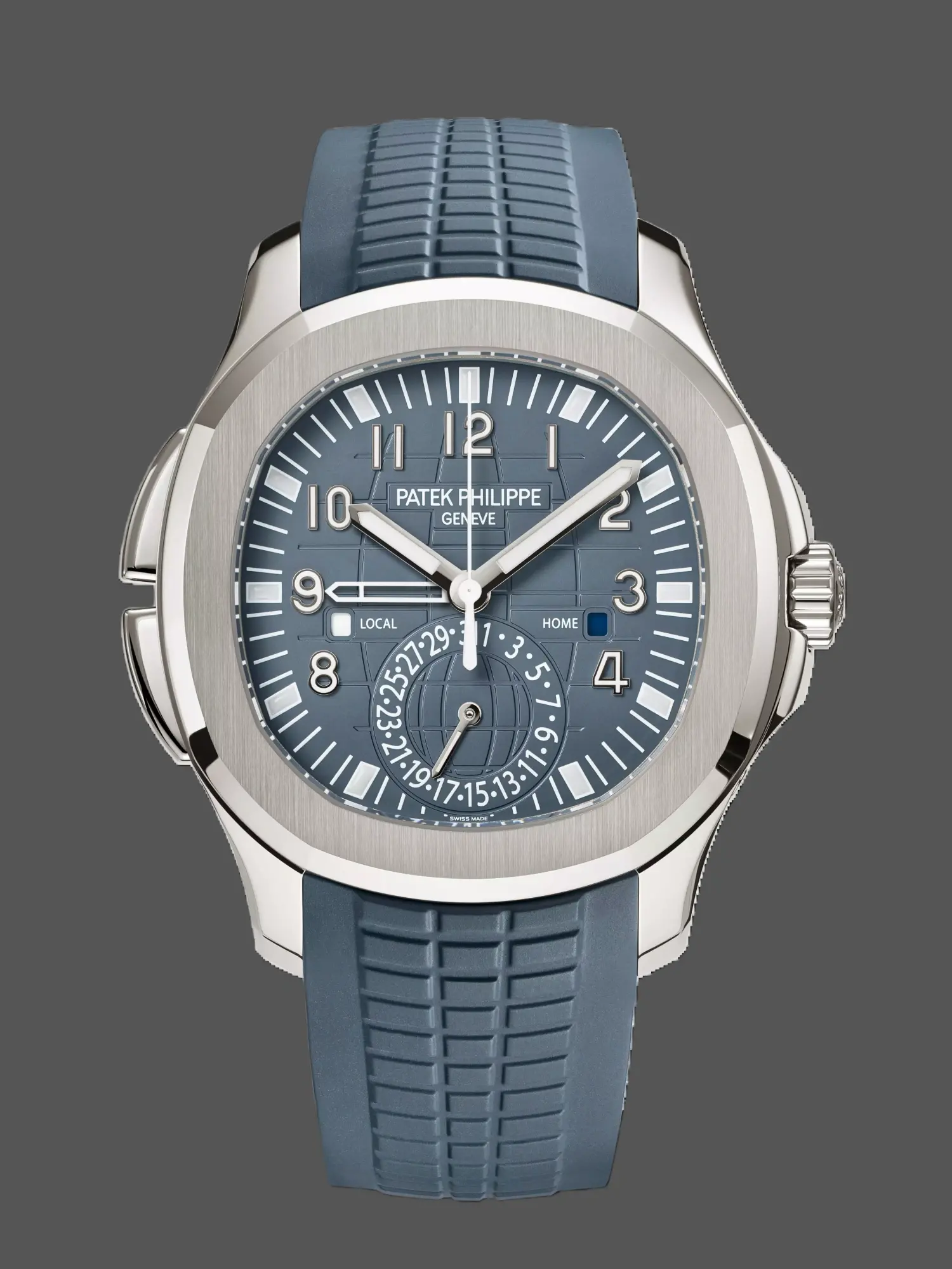 Front view of the Patek Philippe Aquanaut 5164G-001 showing blue dial and dual-time display.
