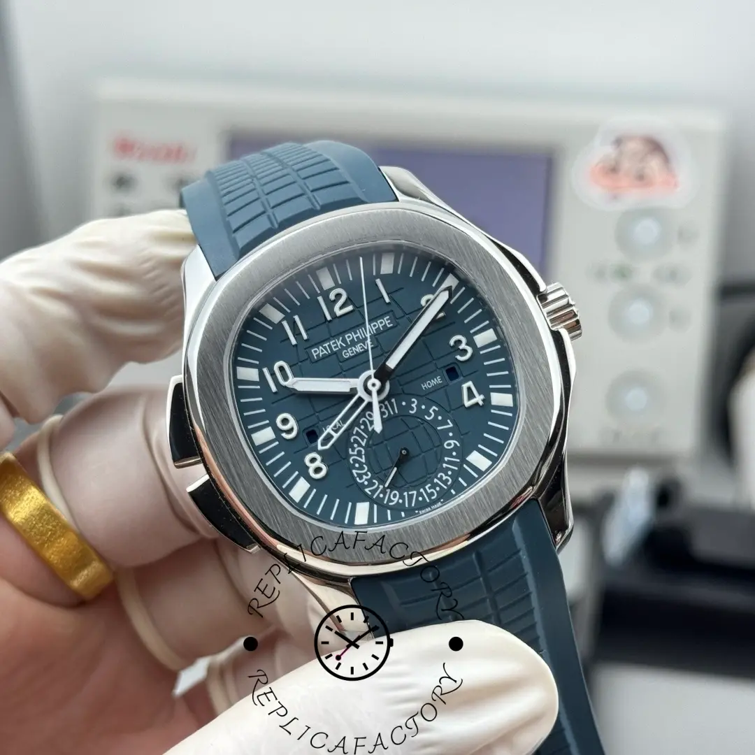 Angled view of the Patek Philippe Aquanaut 5164G-001 showing brushed white-gold bezel.