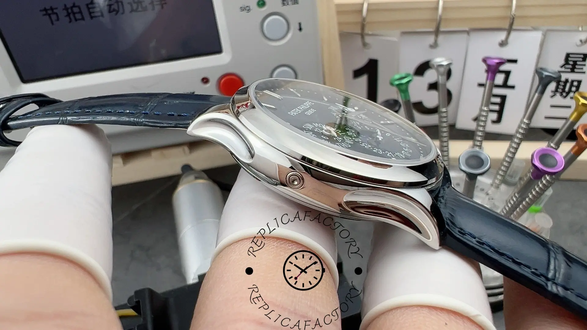 Side view of the Patek Philippe 5140P-001 showing polished case and curved lugs.