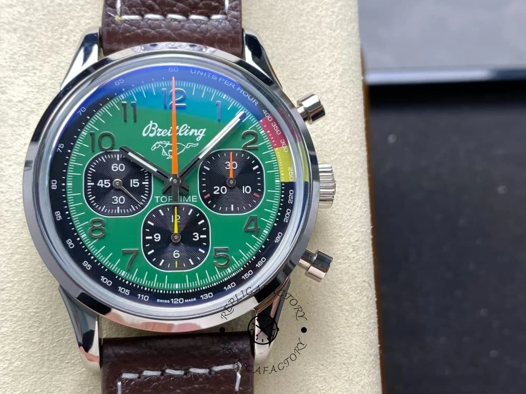 Close-up of Breitling Top Time B01 Ford Mustang AB01762A1L1X1 green dial with Arabic numerals. - Front view