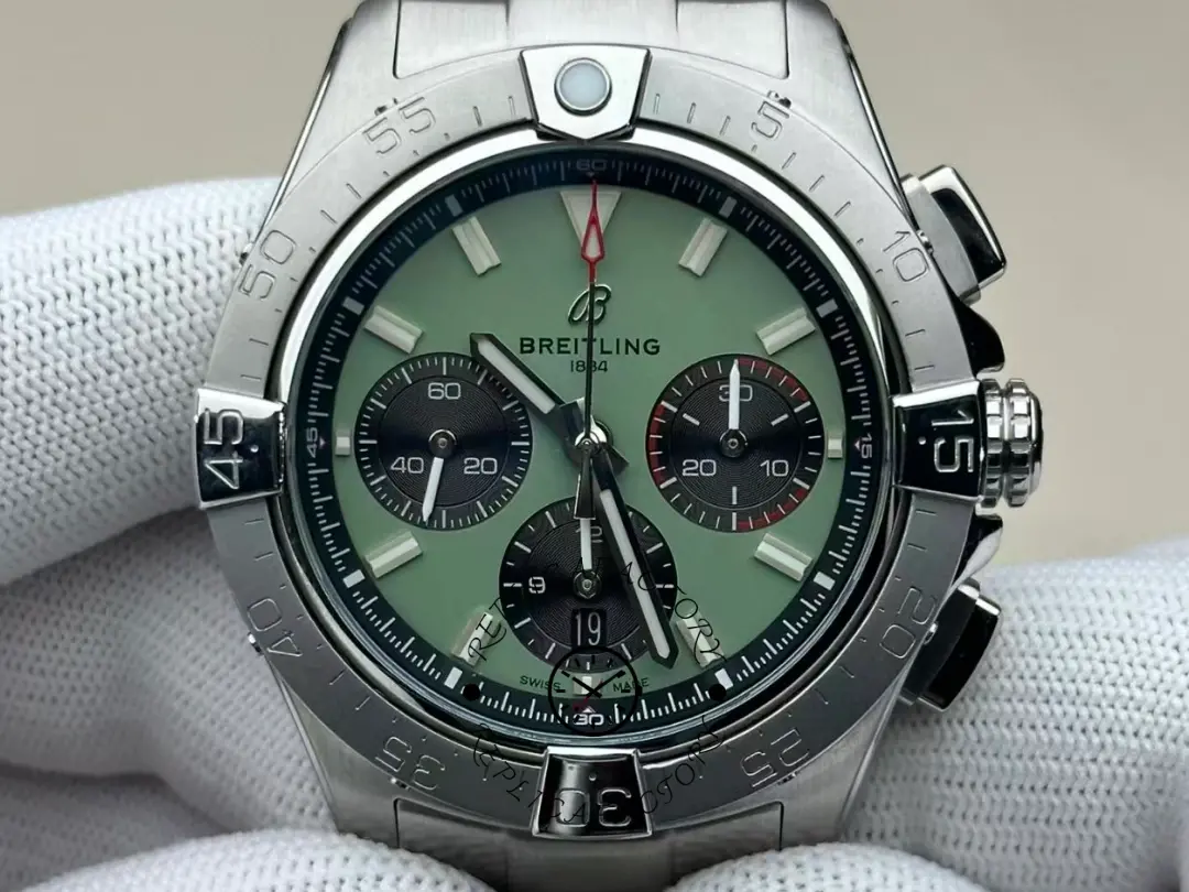 Front view of Breitling Avenger B01 Chronograph 42 AB0146101L1A1 with mint green dial. - Front view