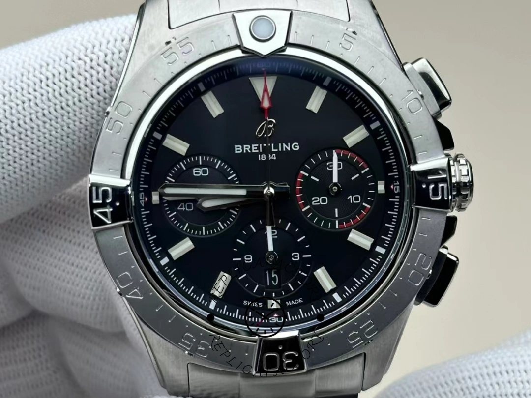 Front view of Breitling Avenger B01 Chronograph 42 AB0146101B1A1 showing chronograph subdials. - Front view