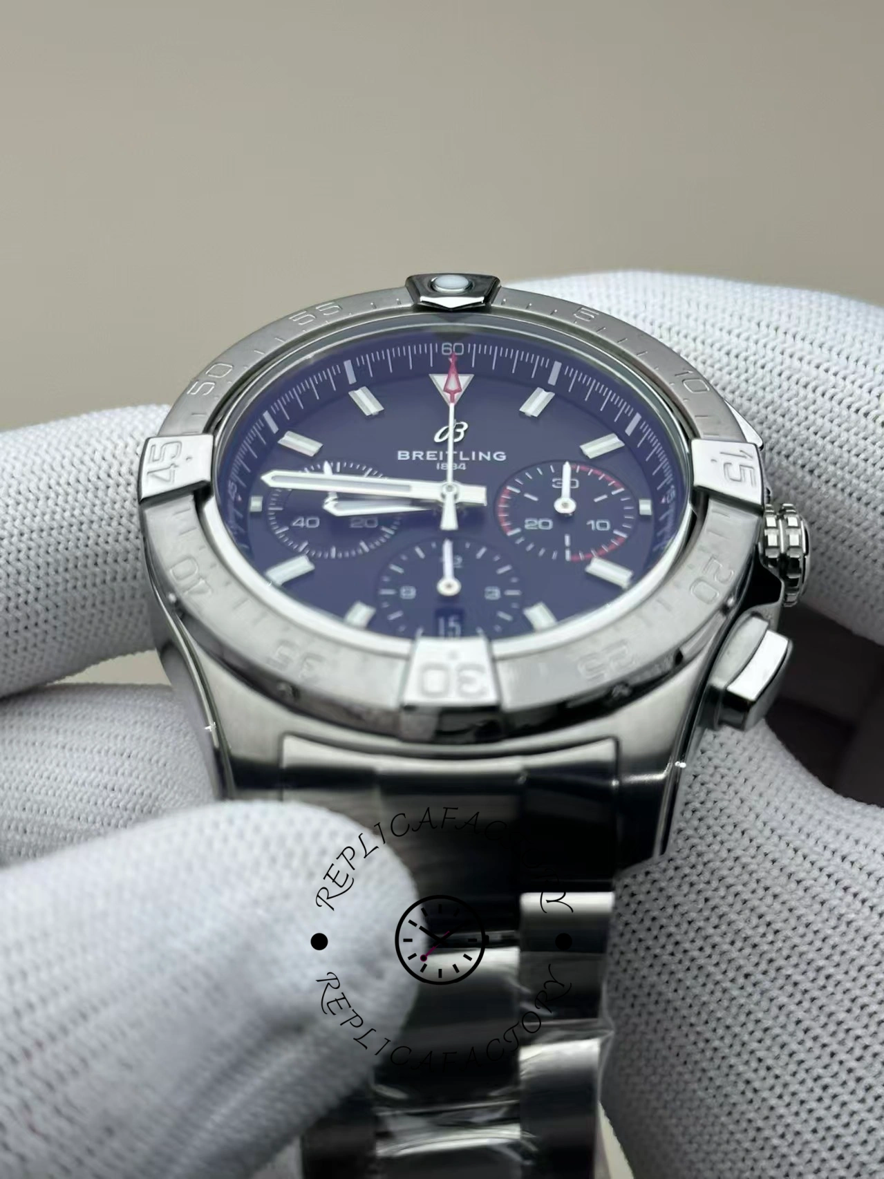 Angled view of Breitling Avenger B01 Chronograph 42 AB0146101B1A1 highlighting stainless steel finish.