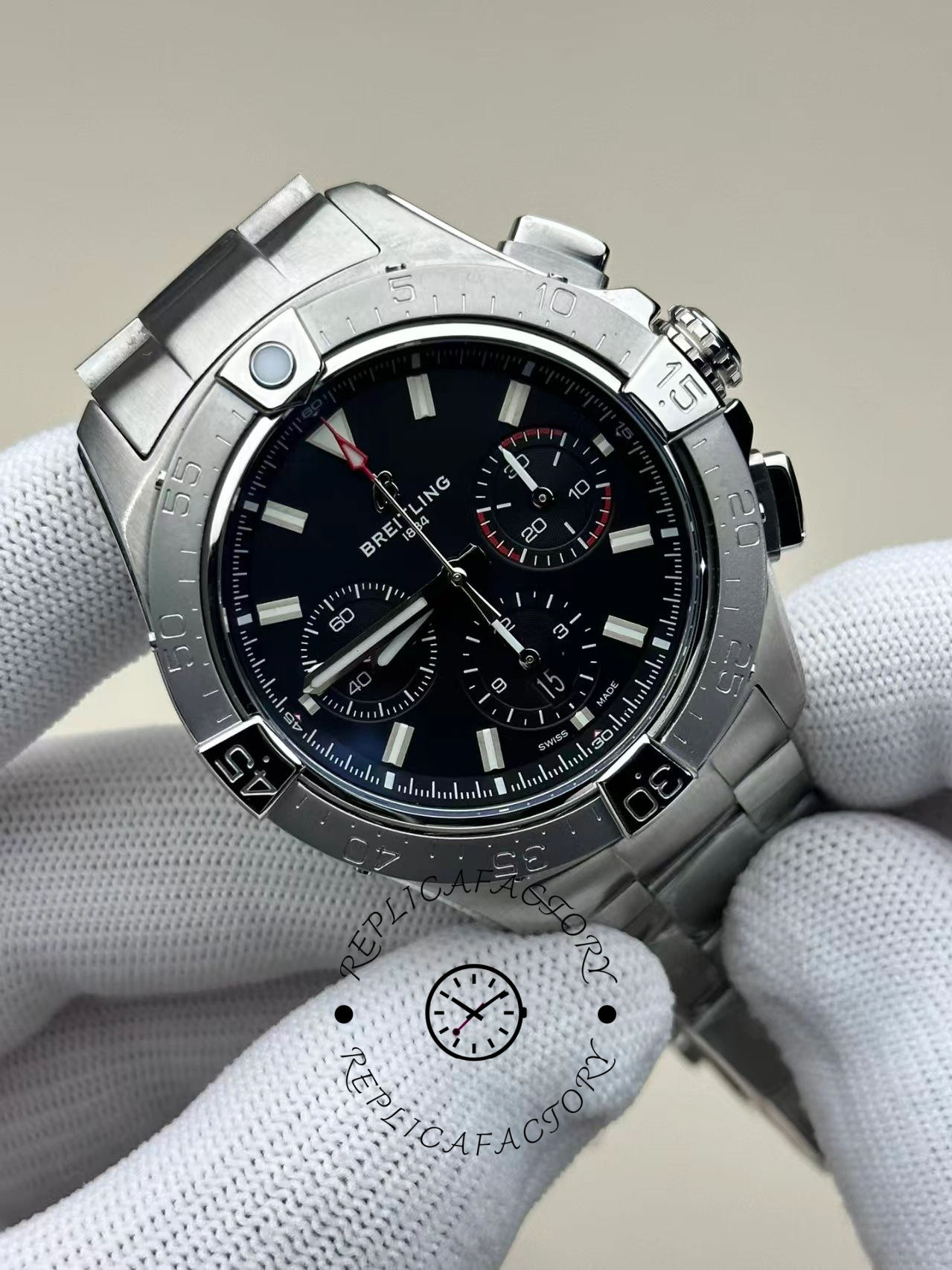 Front view of Breitling Avenger B01 Chronograph 42 AB0146101B1A1 showing black dial and bezel.