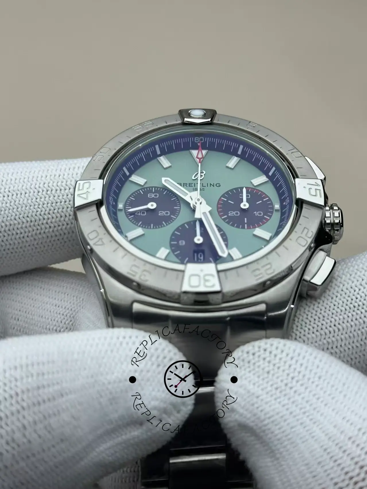 Angled view of Breitling Avenger B01 Chronograph 42 AB0146101L1A1 highlighting brushed steel bezel.