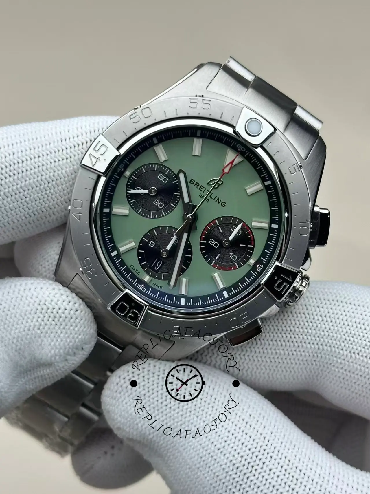 Close-up of Breitling Avenger B01 Chronograph 42 AB0146101L1A1 showing subdials and hands.