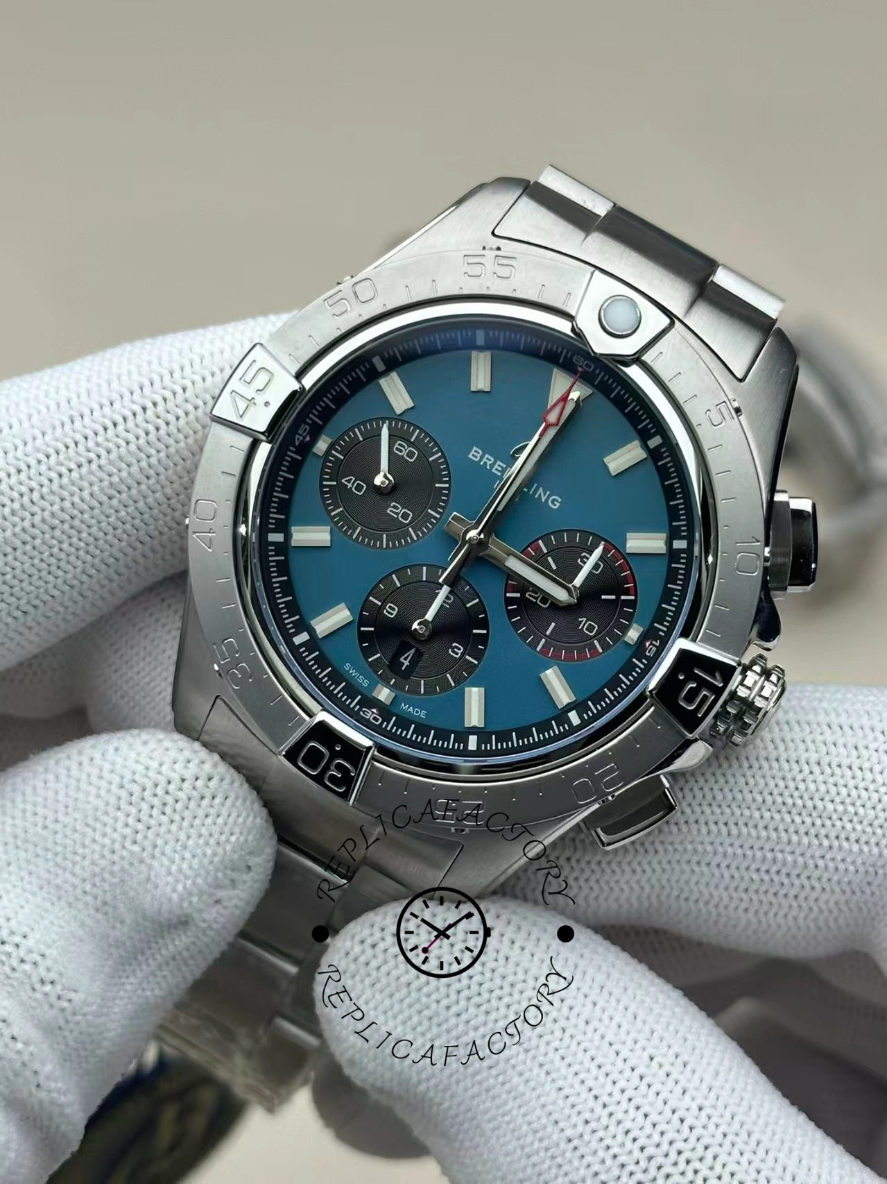 Front view of Breitling Avenger B01 Chronograph 42 AB0146101C1A1 with blue dial and steel bracelet.