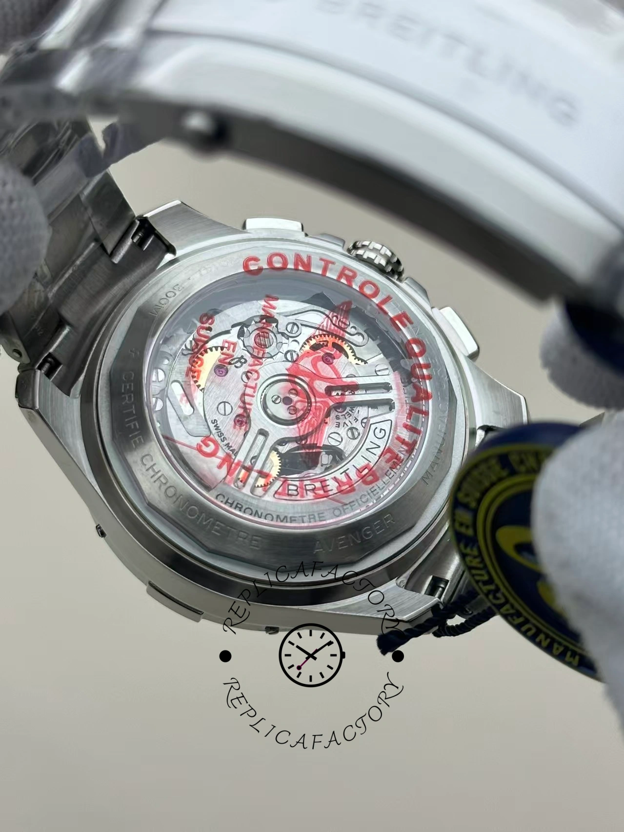 Back view of Breitling Avenger B01 Chronograph 42 AB0146101C1A1 showing movement and engraving.