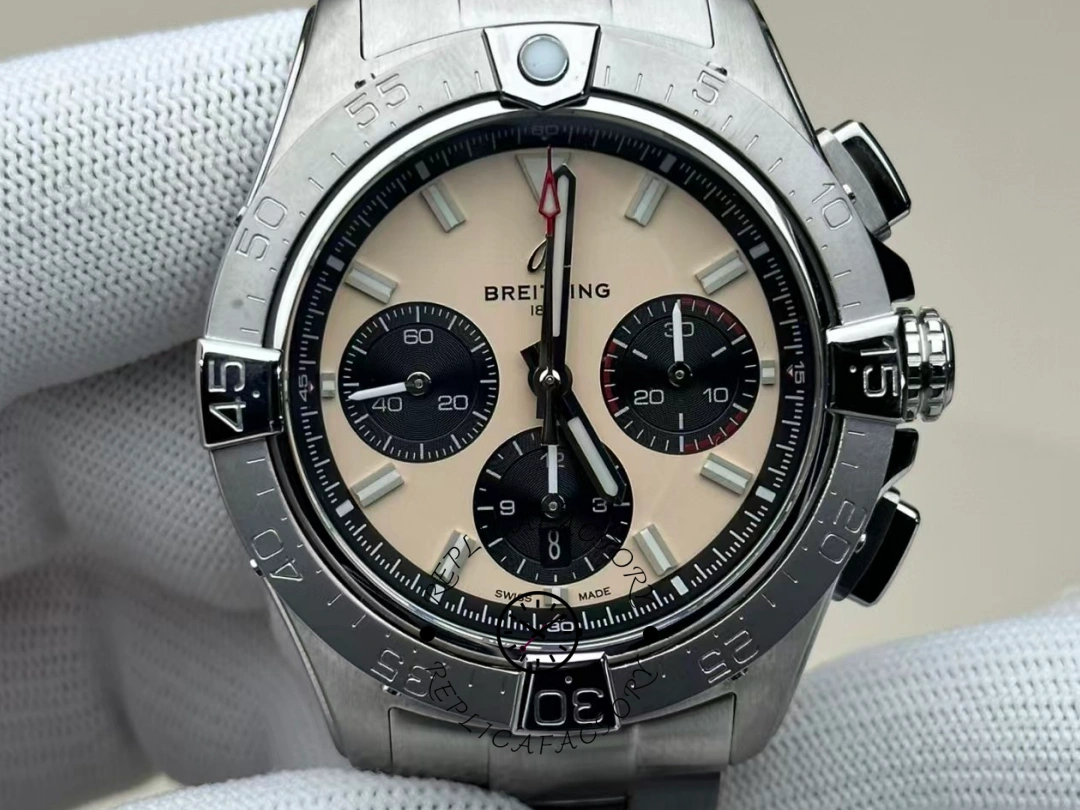 Close-up of Breitling Avenger B01 Chronograph 42 AB0147101A1A1 cream dial and chronograph subdials. - Front view
