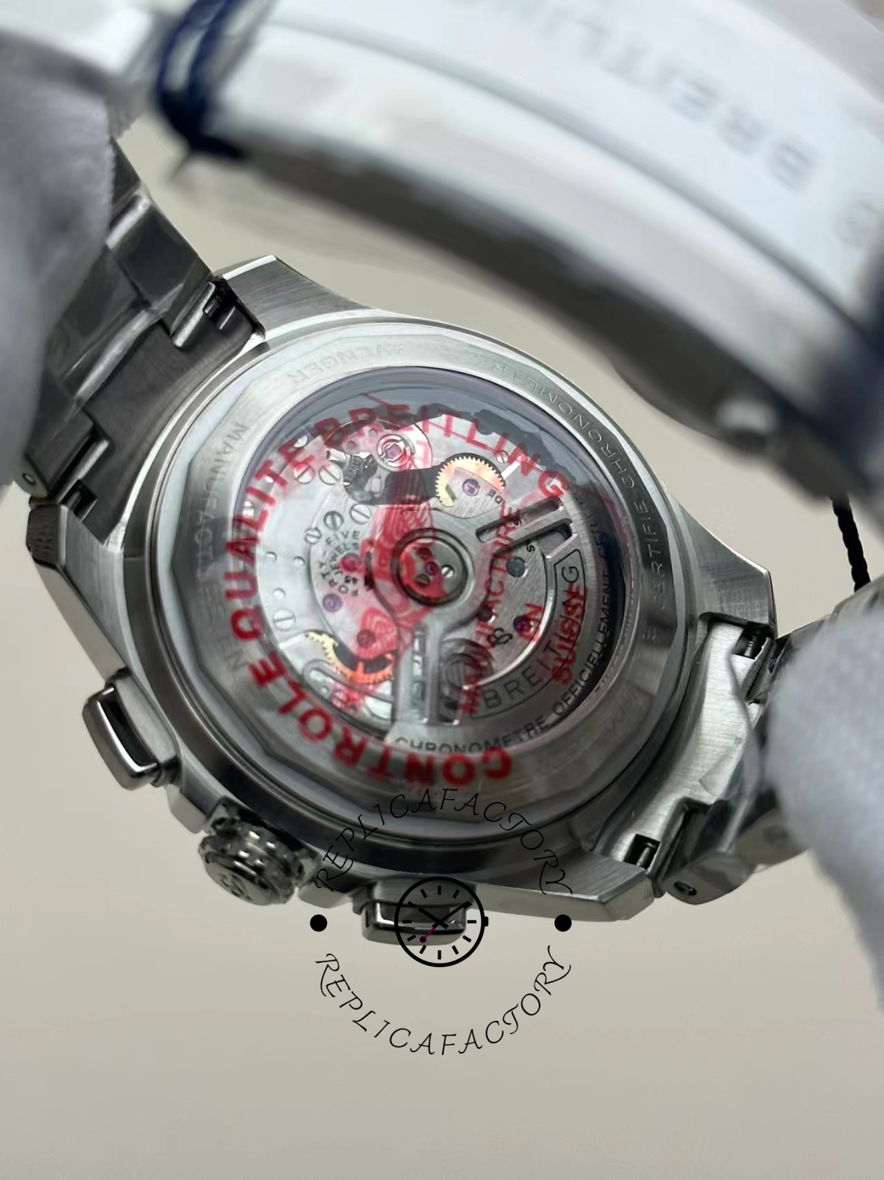 Caseback of Breitling Avenger B01 Chronograph 44 AB0147101A1A1 showing movement through crystal.