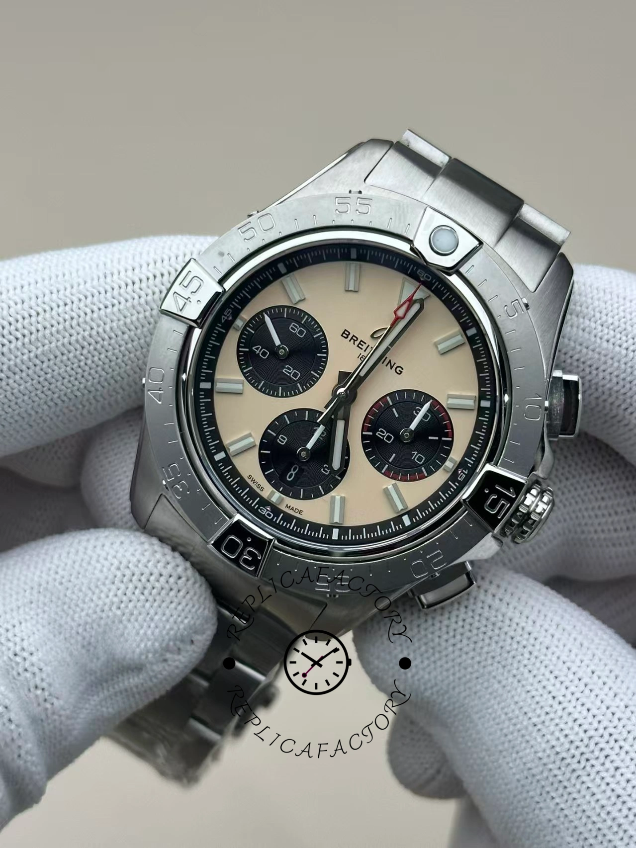 Front view of Breitling Avenger B01 Chronograph 44 AB0147101A1A1 showing cream dial with black subdials and red accents.