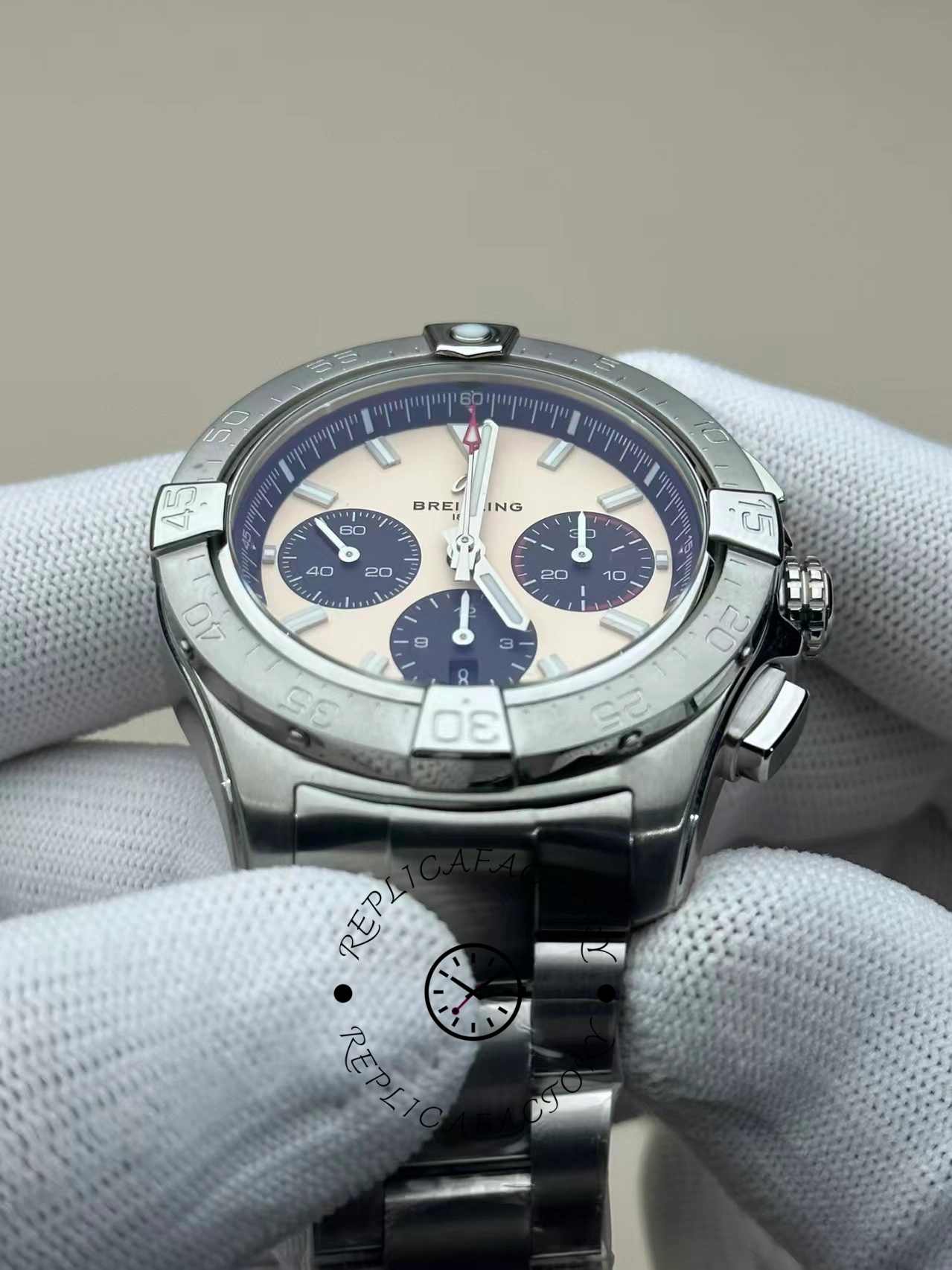 Front angled shot of Breitling Avenger B01 Chronograph 44 AB0147101A1A1 with cream dial and black subdials.