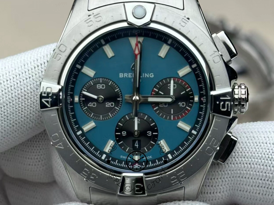 Full dial view of Breitling Avenger B01 Chronograph 42 AB0146101C1A1 with blue dial and red seconds hand. - Front view