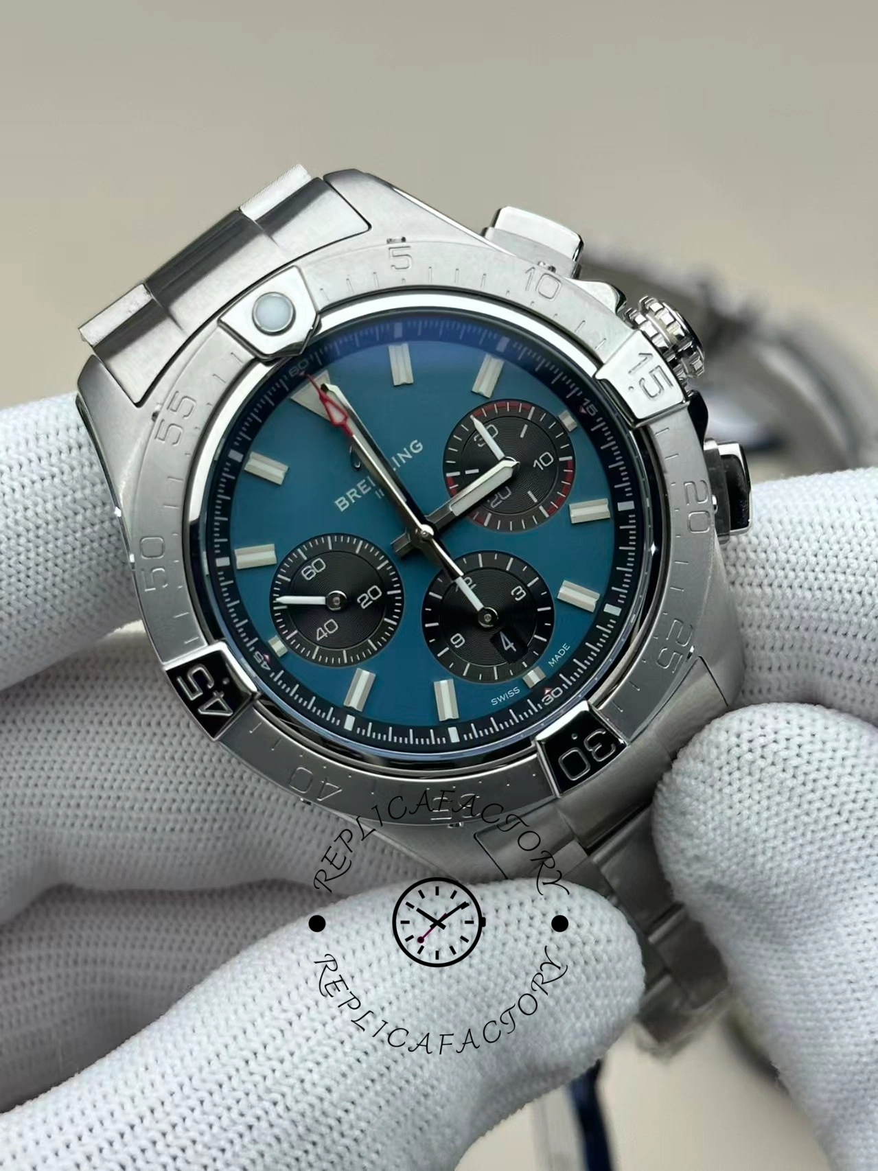 Angled close-up of Breitling Avenger B01 Chronograph 42 AB0146101C1A1 showing blue dial and subdials.