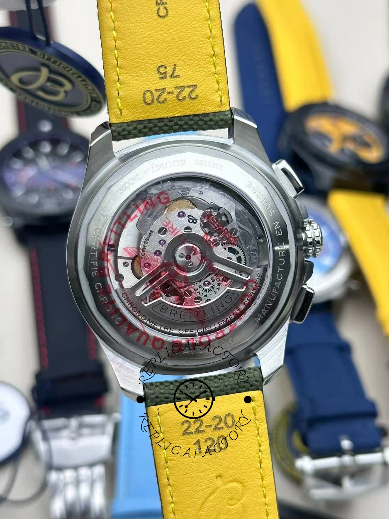 Caseback view of Breitling Avenger B01 Chronograph 44 AB0147101L1X1 showing rotor and movement details.