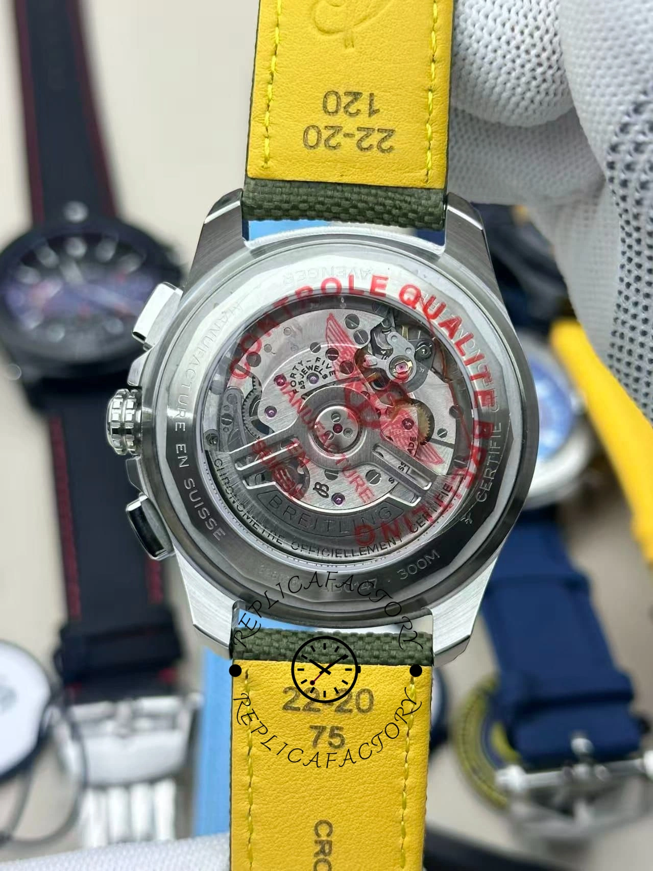 Rear movement close-up of Breitling Avenger B01 Chronograph 44 AB0147101L1X1 with visible gears.