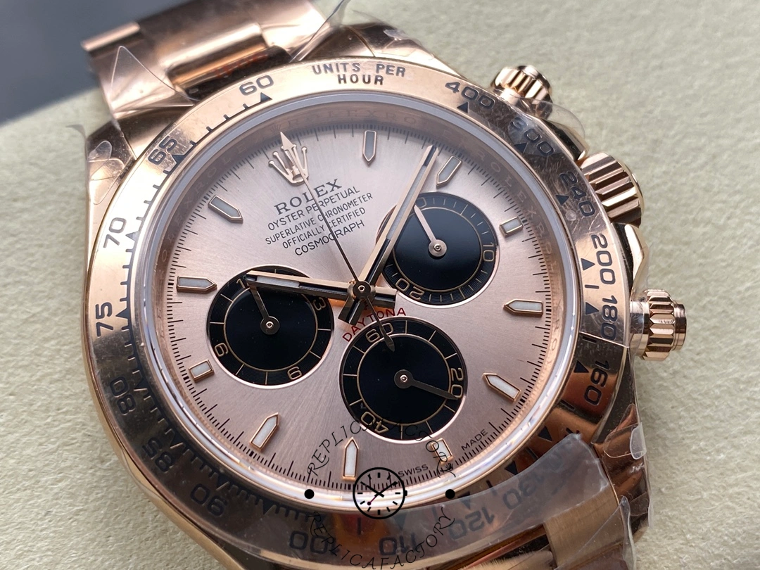 Angled view of Rolex Daytona 126505 highlighting Everose gold bezel and Sundust Panda dial.