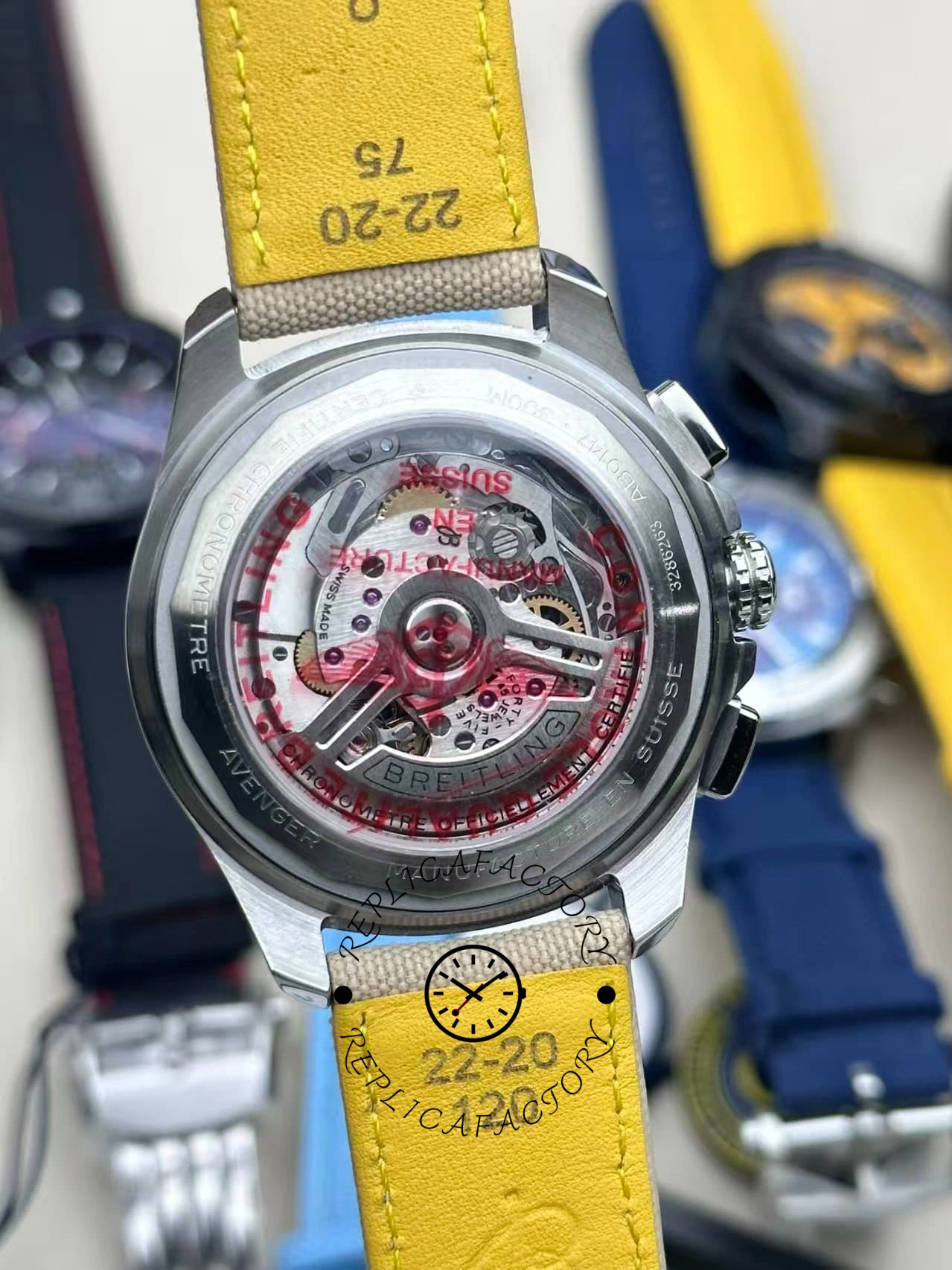 Transparent caseback of Breitling Avenger B01 Chronograph 44 AB0147101A1X1 showing rotor and movement.