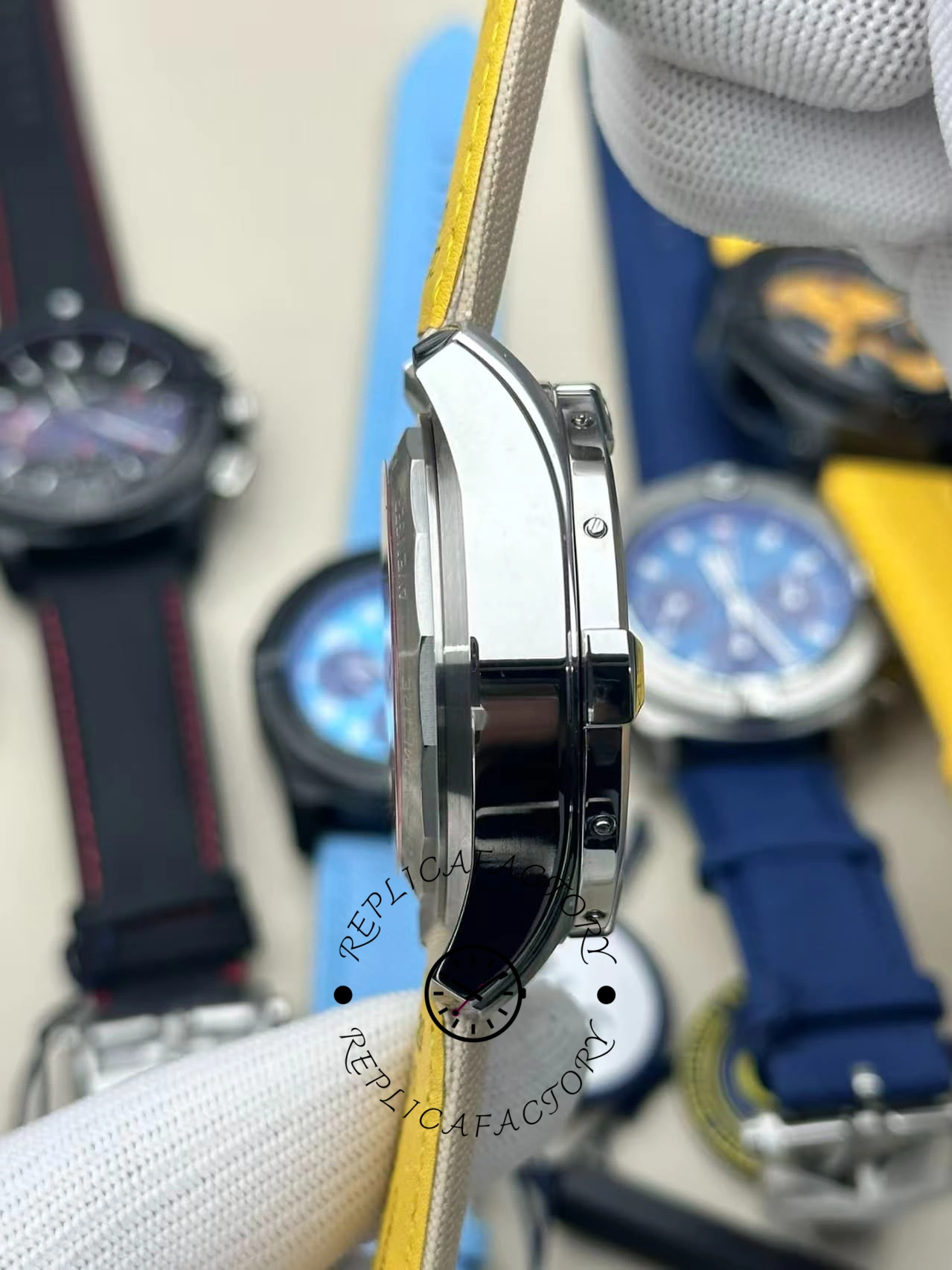 Side angle of Breitling Avenger B01 Chronograph 44 AB0147101A1X1 showing case thickness and polished profile.