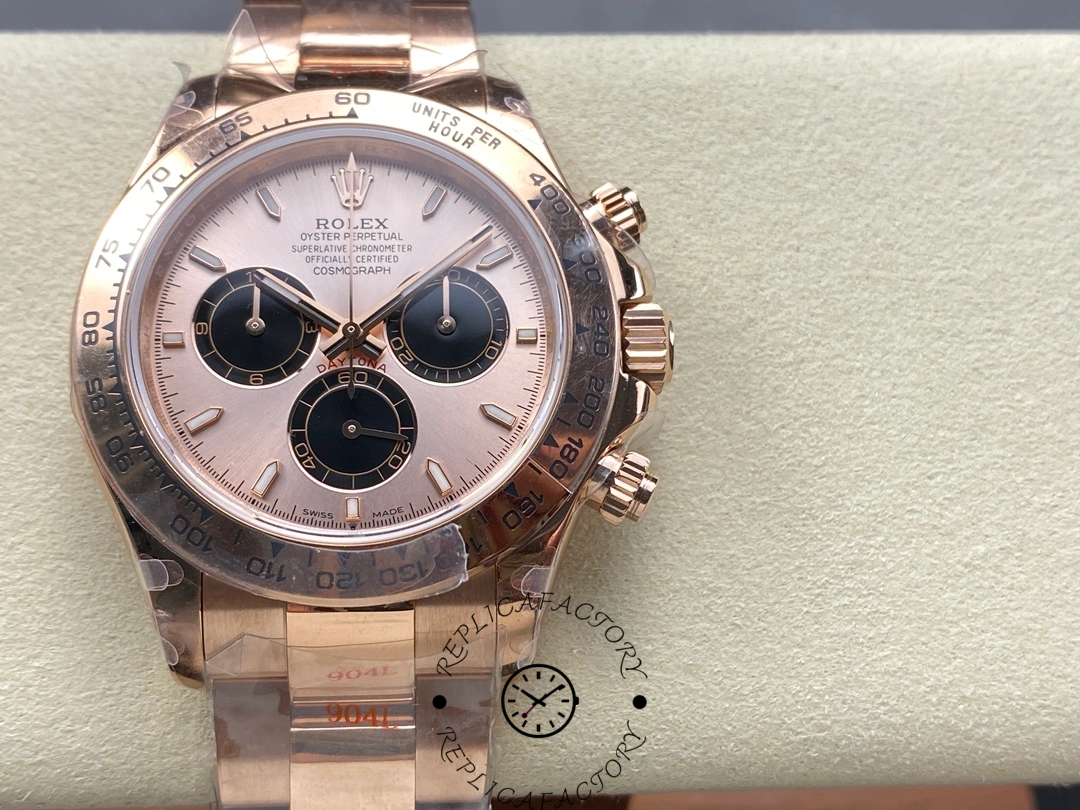 Close-up of Rolex Daytona 126505 showing Everose gold case, Sundust dial and black sub-dials.