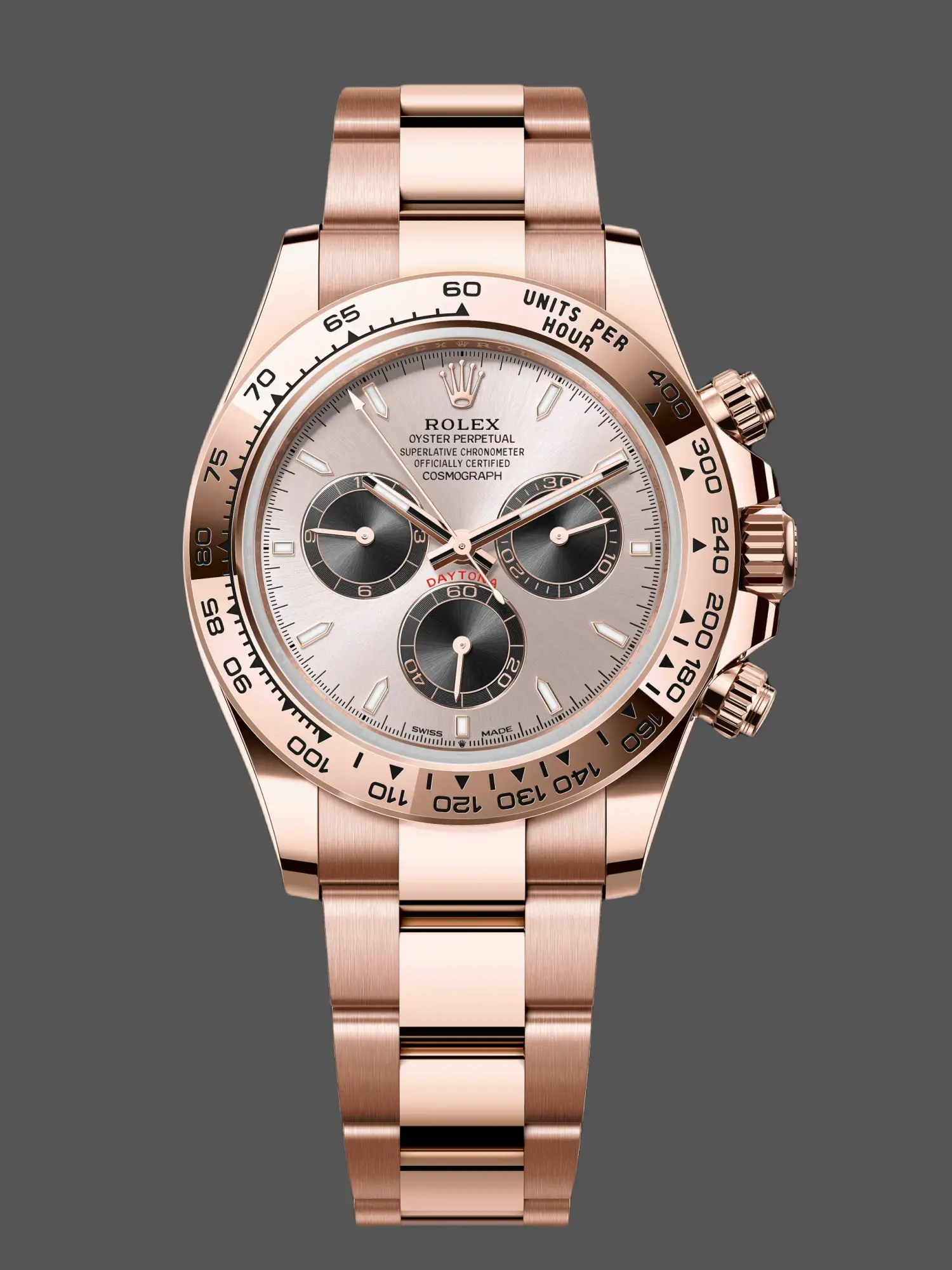Product render of Rolex Daytona 126505 with Everose gold bracelet and Sundust Panda dial.