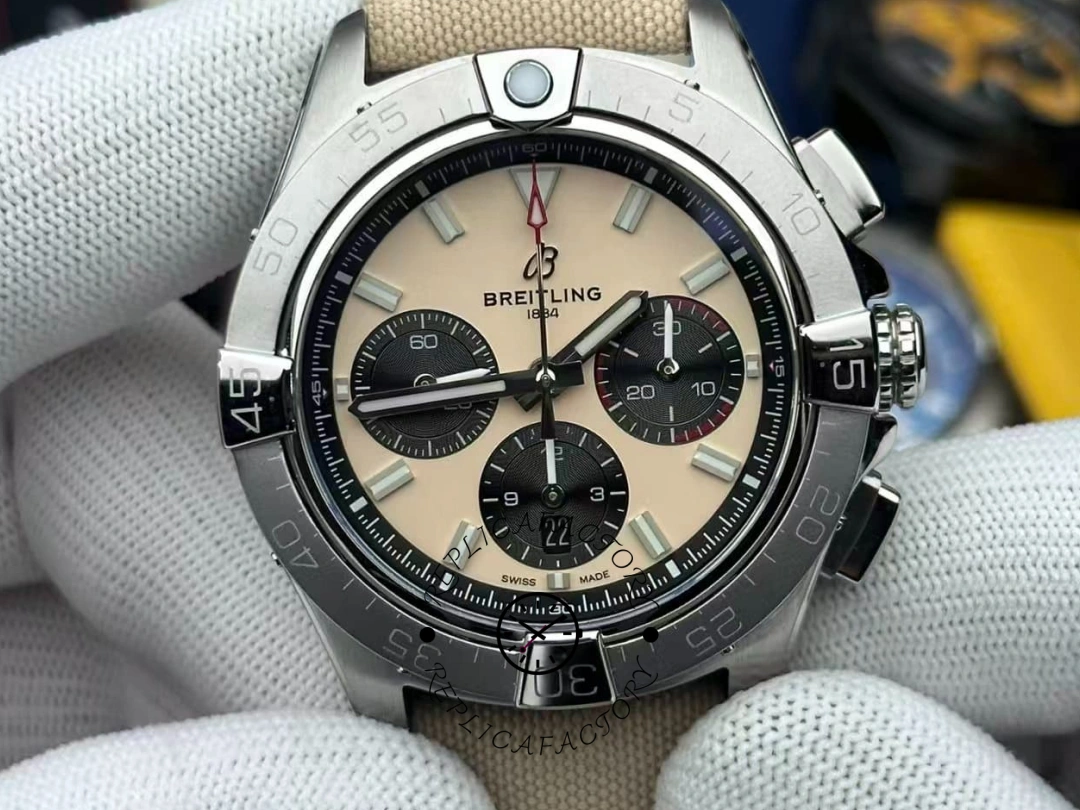 Close-up front shot of Breitling Avenger B01 Chronograph 44 AB0147101A1X1 highlighting chronograph layout. - Front view