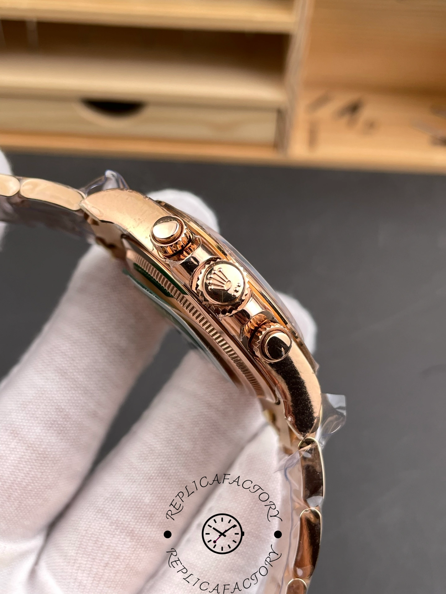 Side view of Rolex Daytona 126505 showing the Everose gold crown and chronograph pushers
