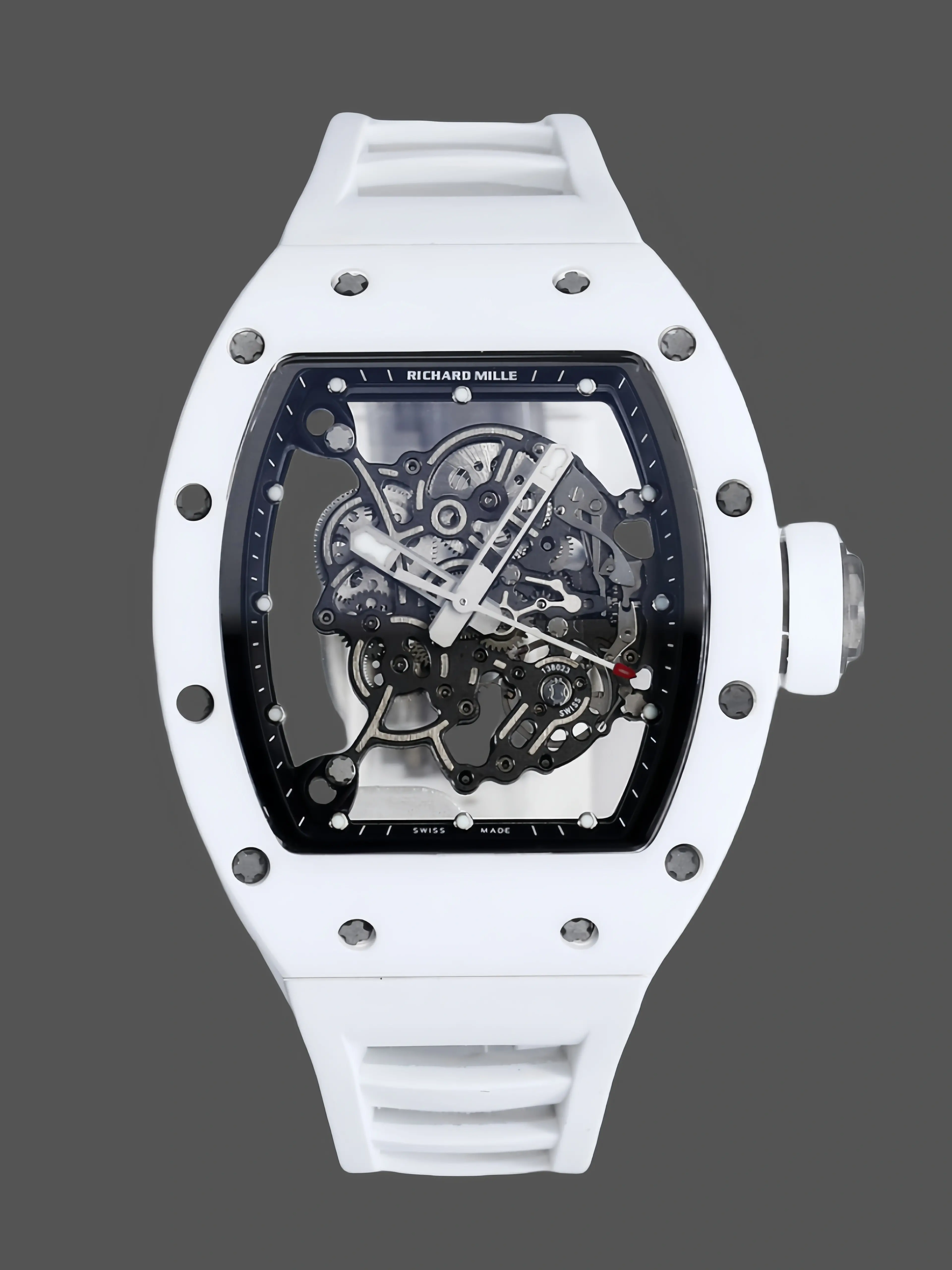 Front render of Richard Mille RM055 RMUL2 with white case and skeleton dial.
