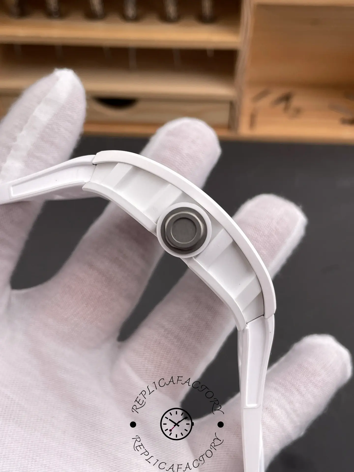 Right-side view of RM055 RMUL2 featuring crown guard and matte white finish.