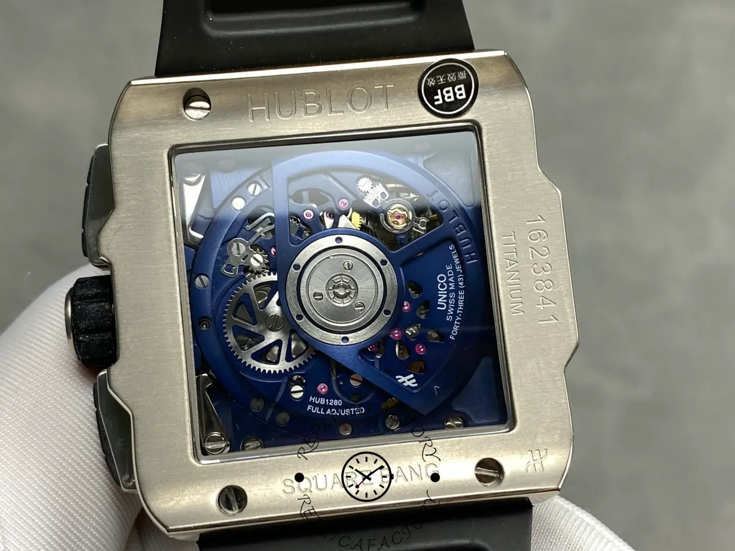 Caseback view of Hublot 821.NX.5170.RX showing UNICO movement and blue rotor.