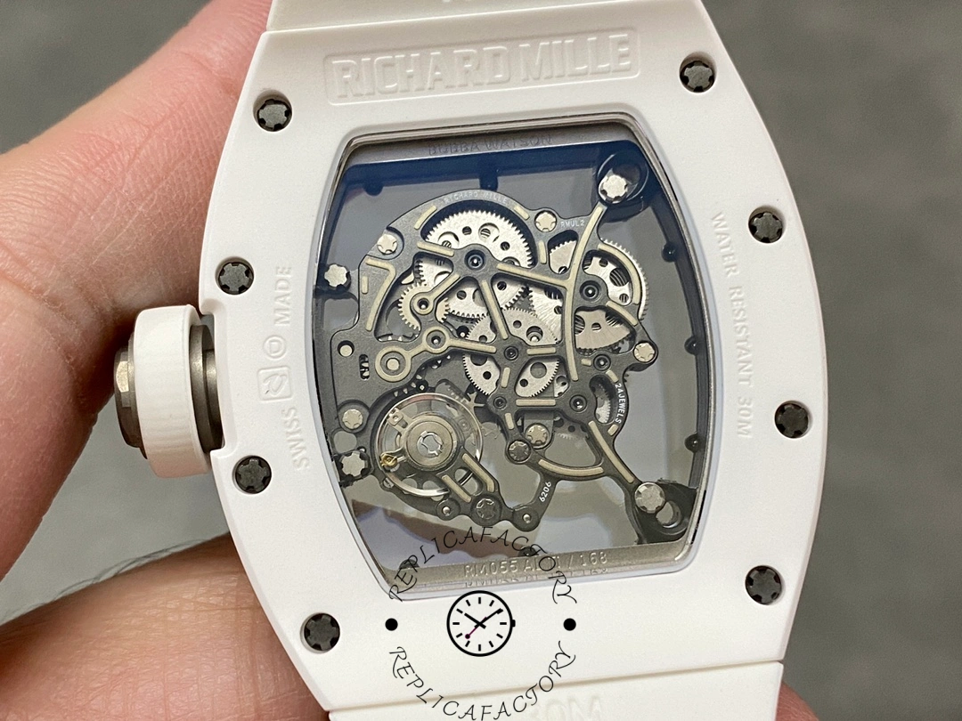 Back view of Richard Mille RM 055 RMUL2 showing transparent caseback and skeleton movement.