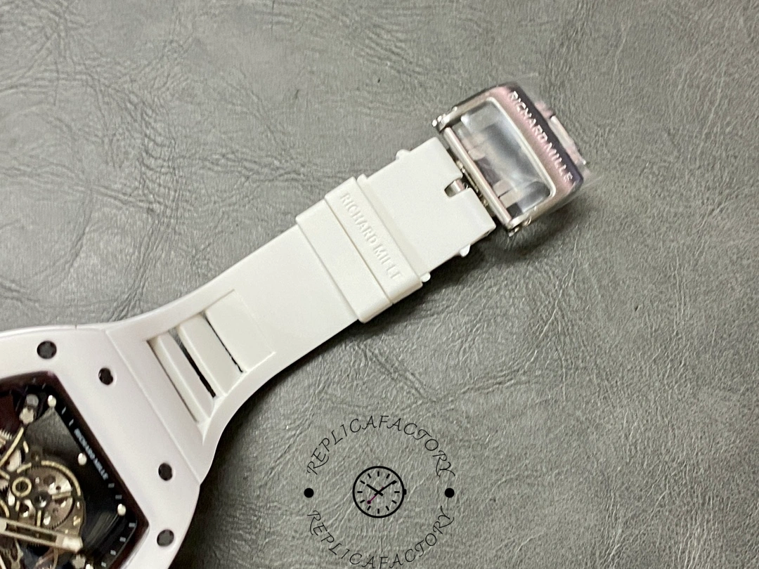 View of Richard Mille RM 055 RMUL2 white rubber strap with buckle.