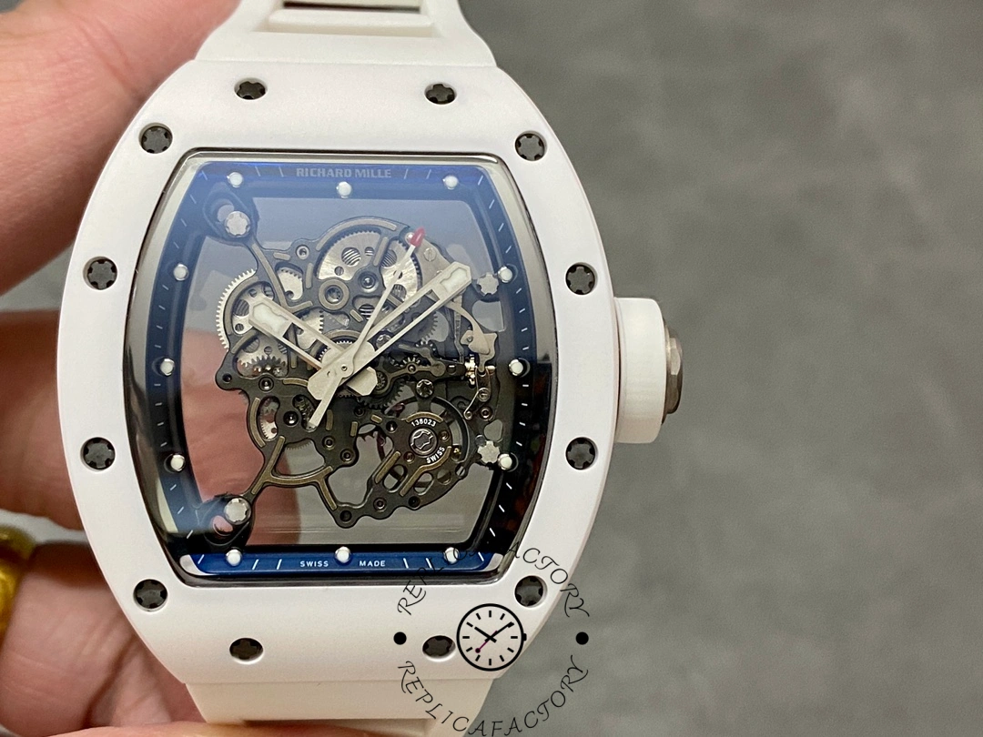 Front view of Richard Mille RM 055 RMUL2 showing skeleton dial and white ceramic case.