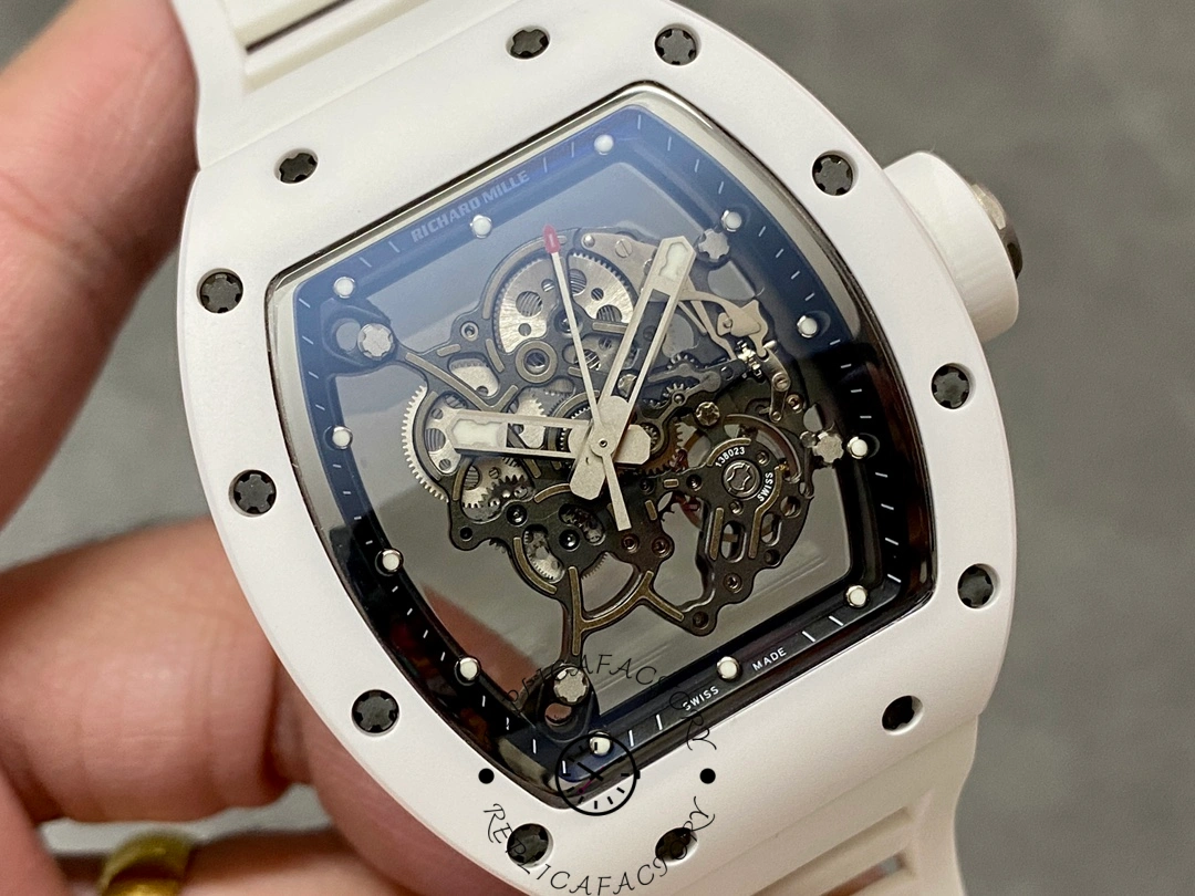 Close-up of Richard Mille RM 055 RMUL2 skeleton dial with white case and visible movement.