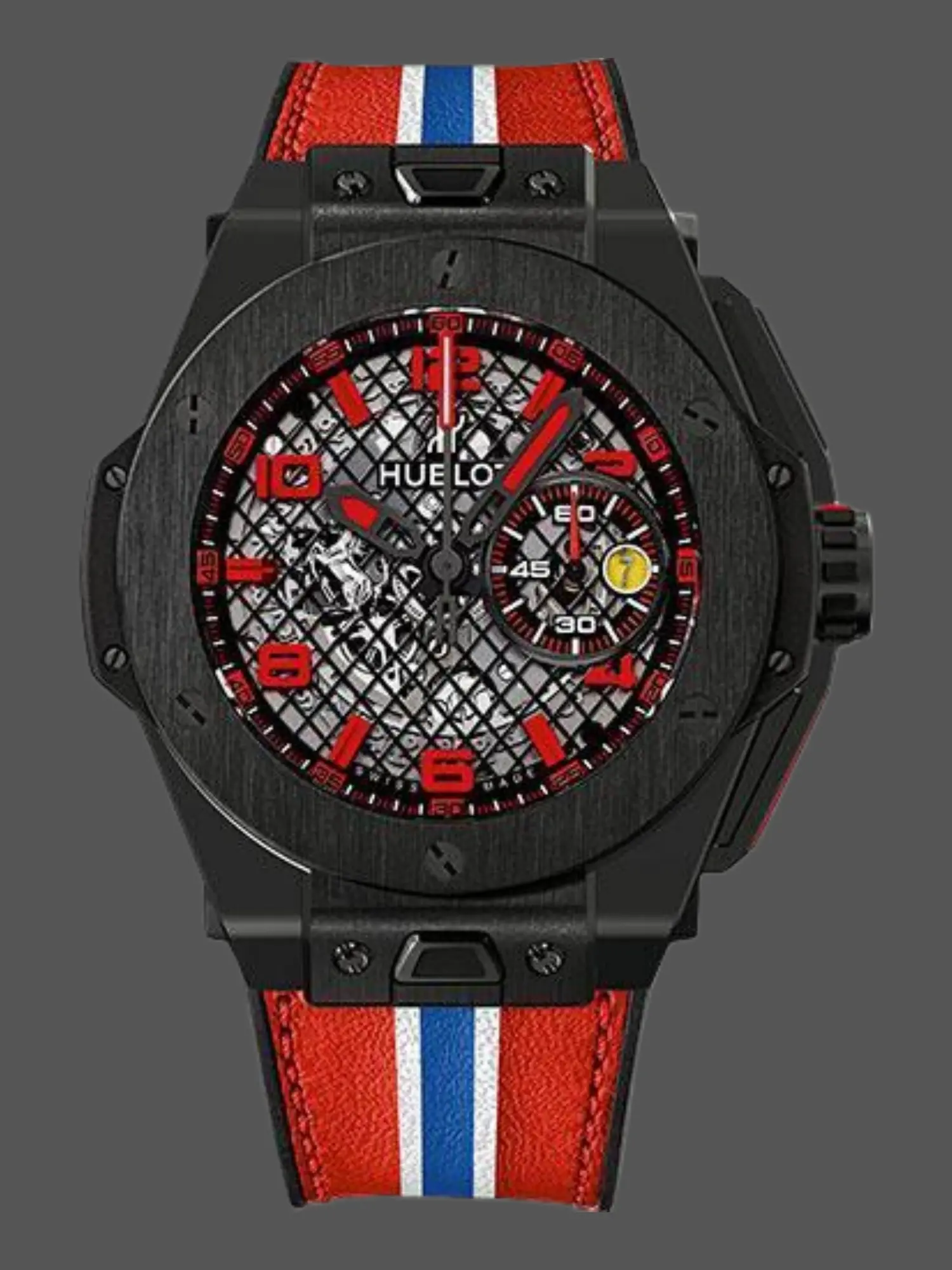 Front view of Hublot Big Bang 401.CX.1123.VR with skeleton dial and red–white–blue racing strap.