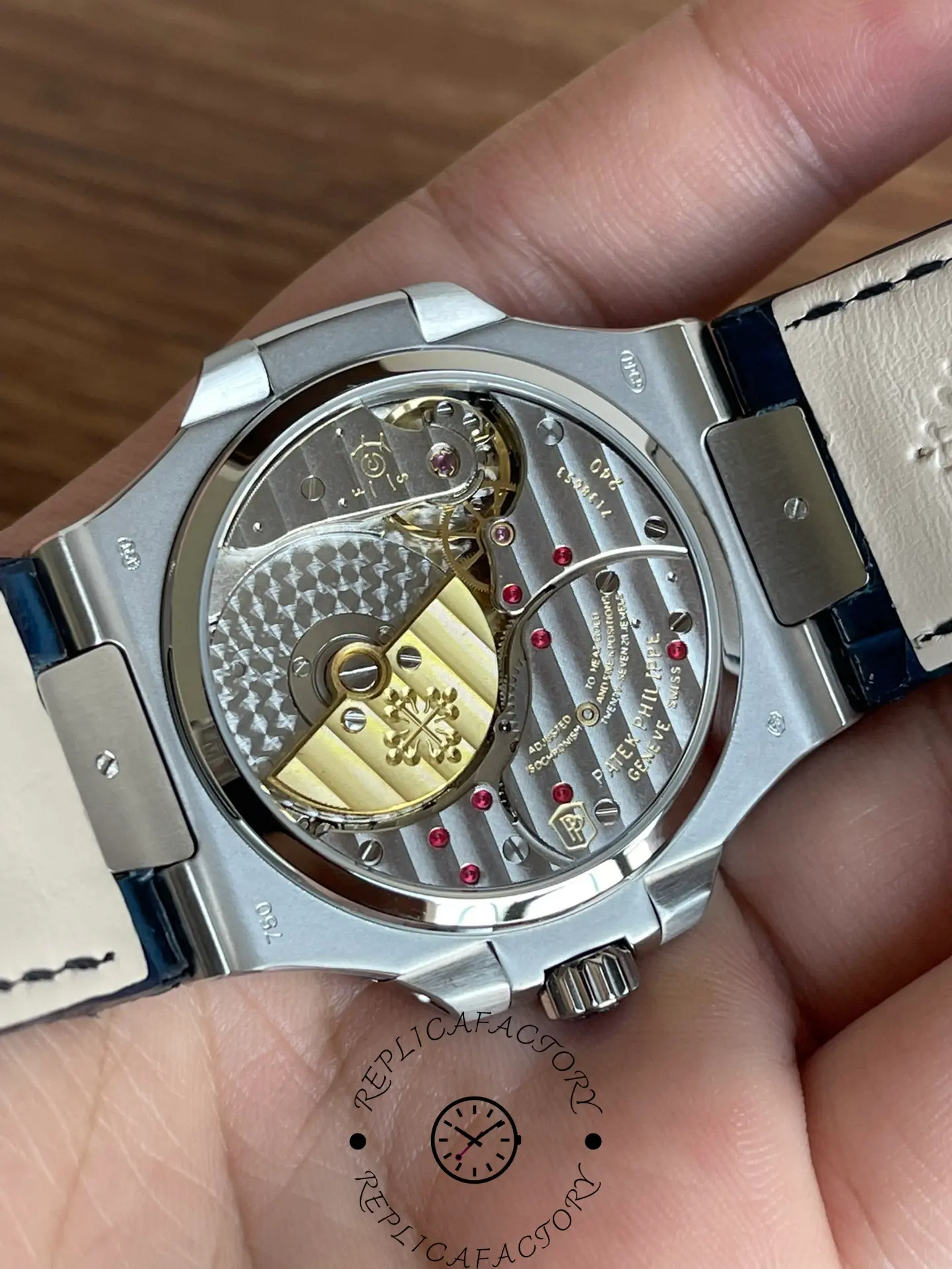 Caseback of Patek Philippe 5724G-001 showing automatic movement and decorated rotor.