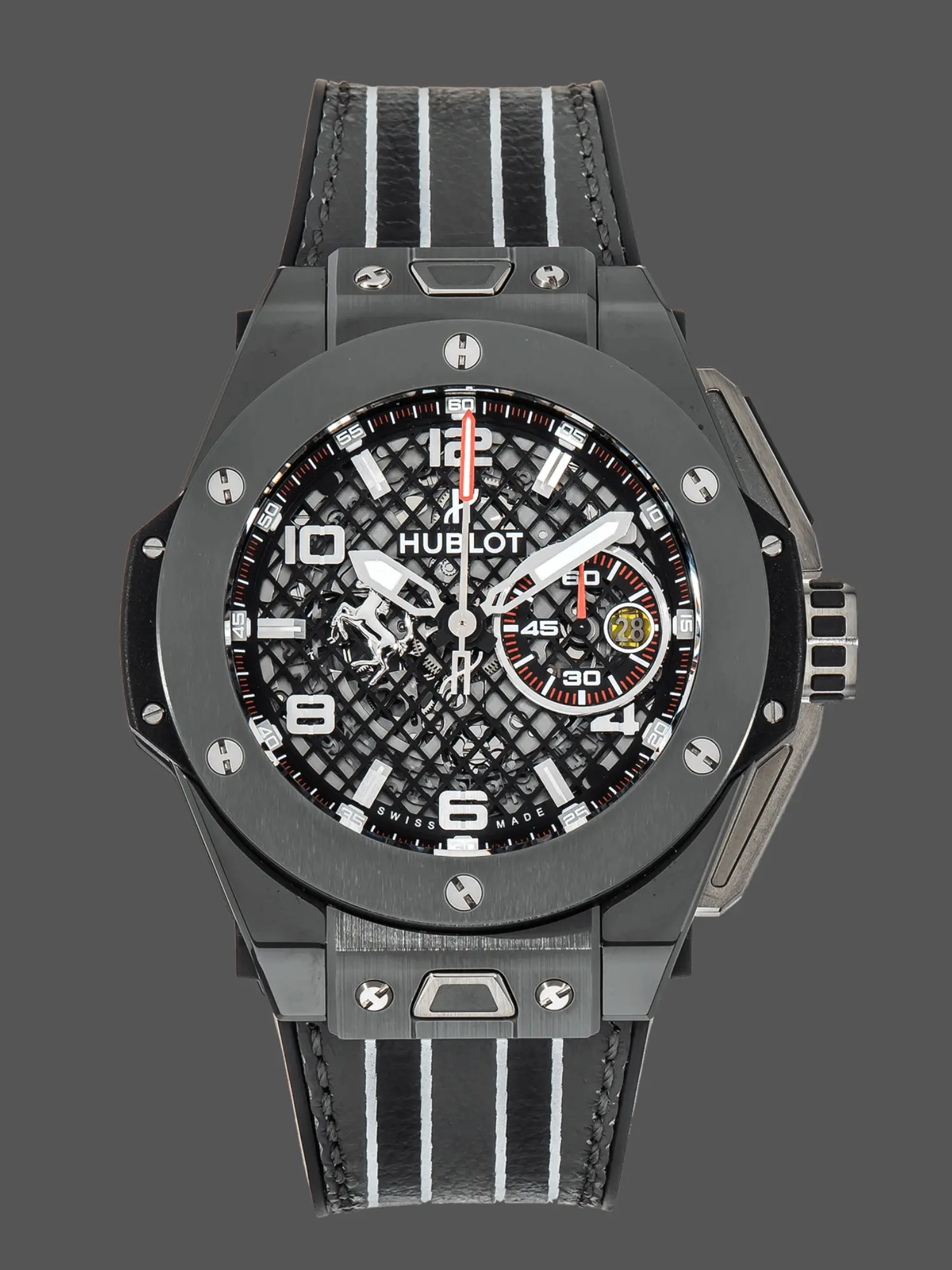 Front view of the Hublot Big Bang 401.FX.1123.VR showing the skeleton dial and black racing-strap design.