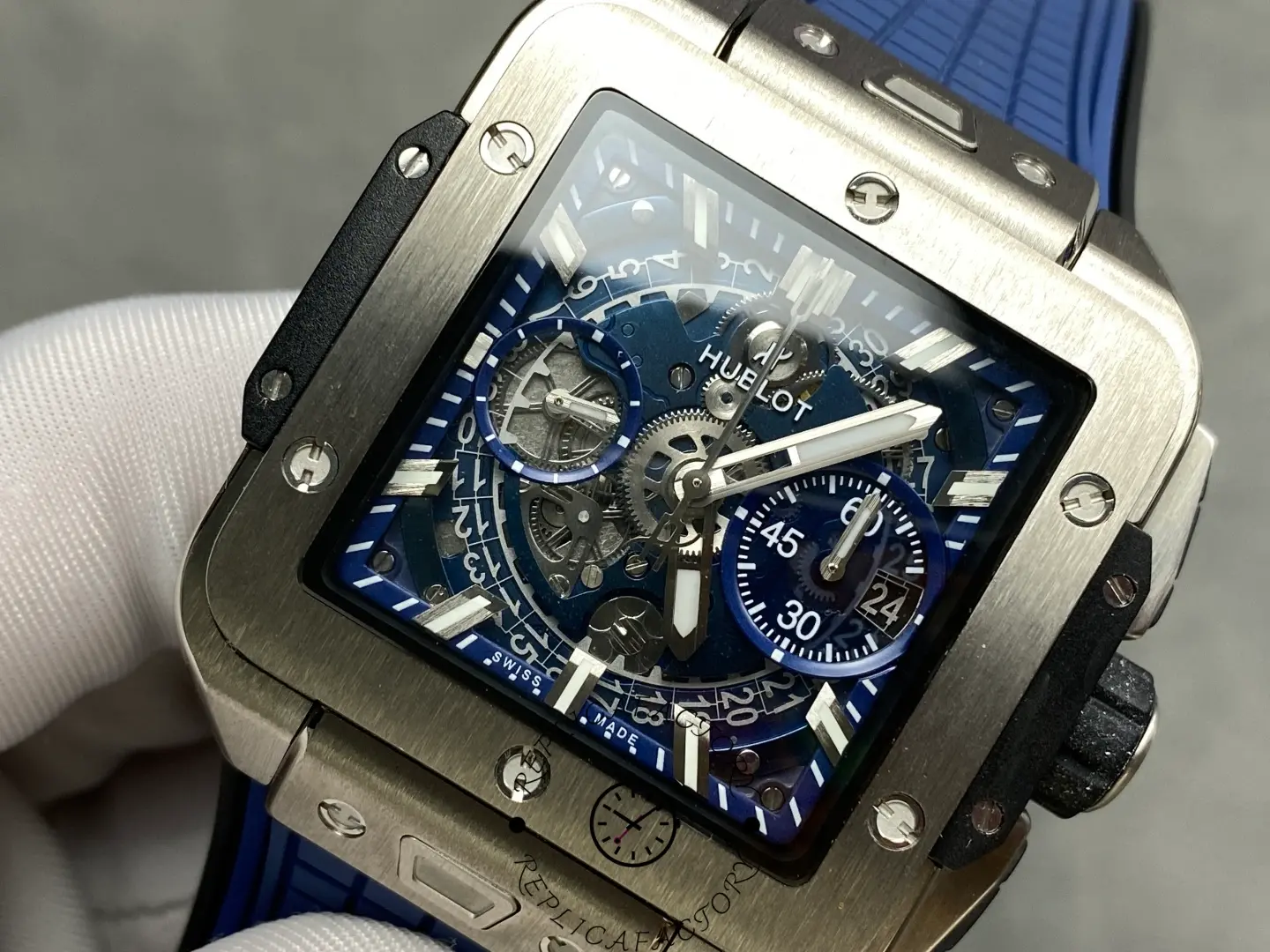 Close-up angled shot of Hublot 821.NX.5170.RX showing skeleton movement details.
