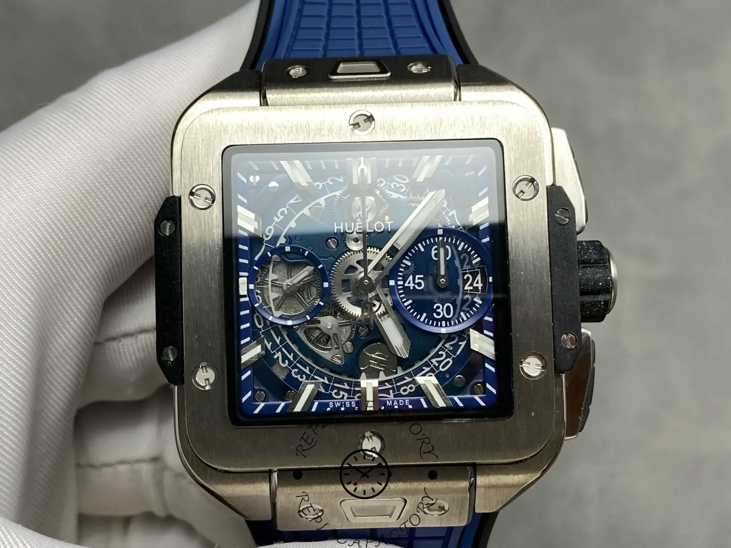 Close-up of Hublot Square Bang Unico 821.NX.5170.RX dial with silver hands and chronograph counters.