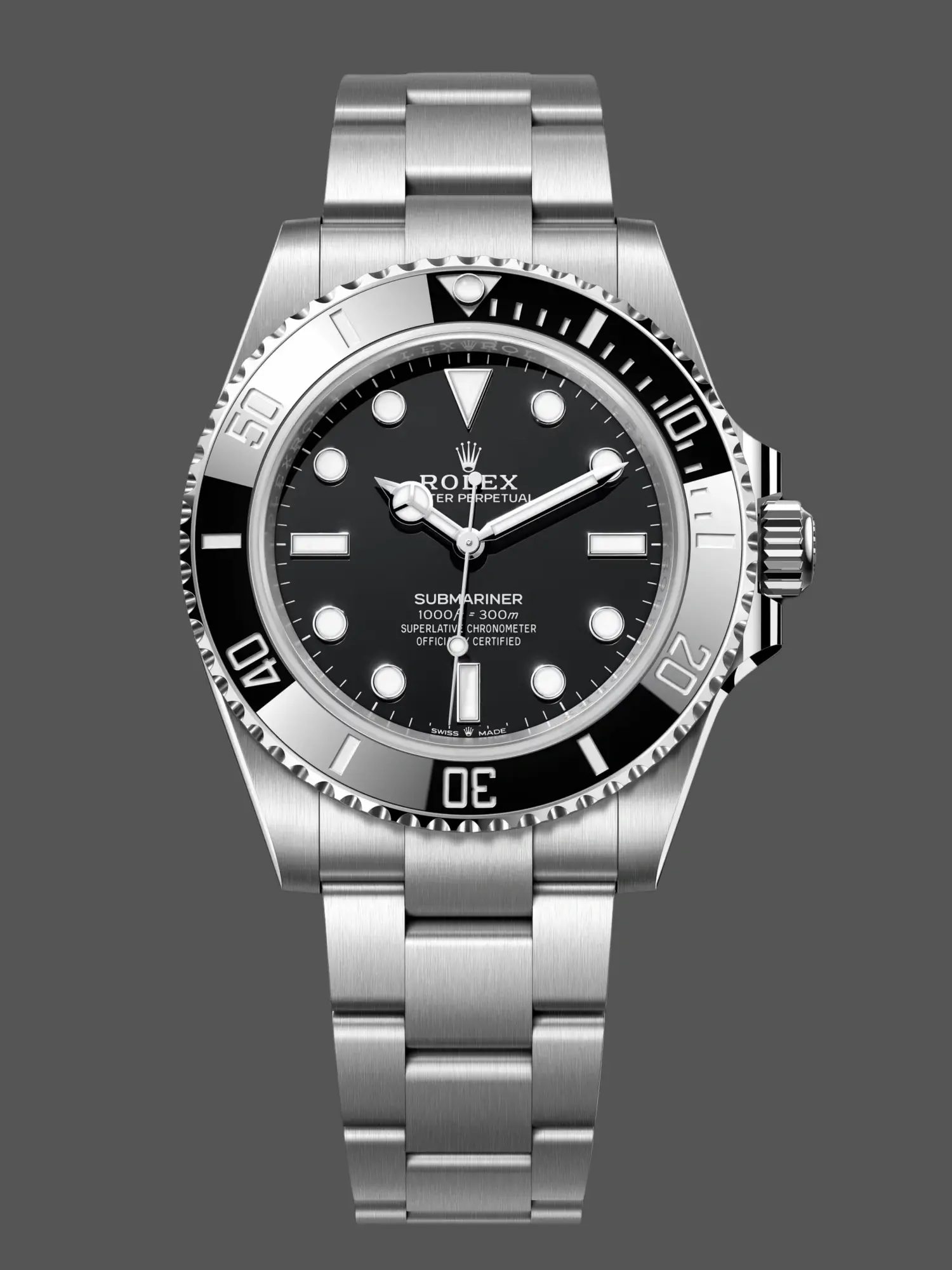 Front view of the Rolex Submariner 124060 showing its black dial and ceramic bezel.