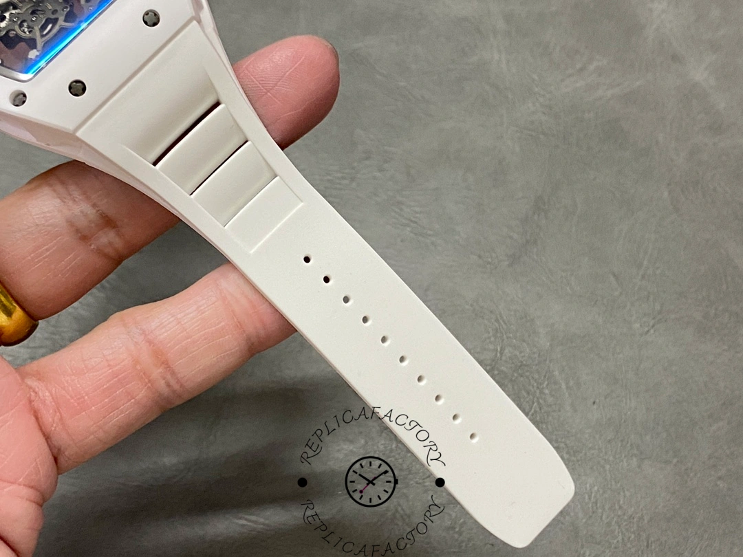 Close-up of Richard Mille RM 055 RMUL2 white strap adjustment holes.