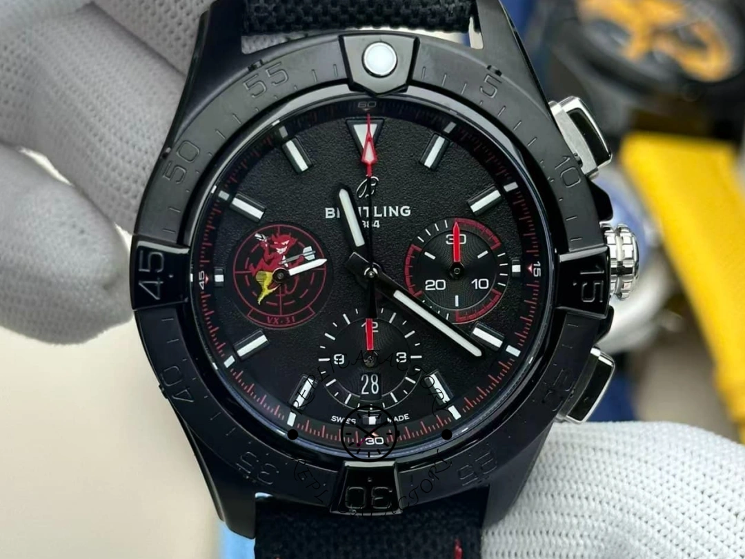 Close-up of Breitling Avenger B01 SB01473A1B1X1 dial with VX-31 red insignia subdial. - Front view