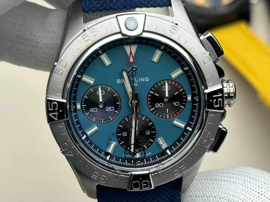 Detailed front view of the Breitling Avenger B01 Chronograph 44 AB0147101C1X1 showing subdials. - Front view