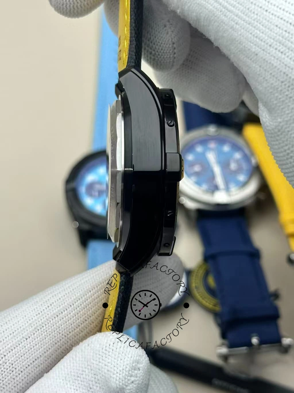 Side view of Breitling Avenger B01 Chronograph SB01473A1B1X1 showing black case and yellow-lined strap.