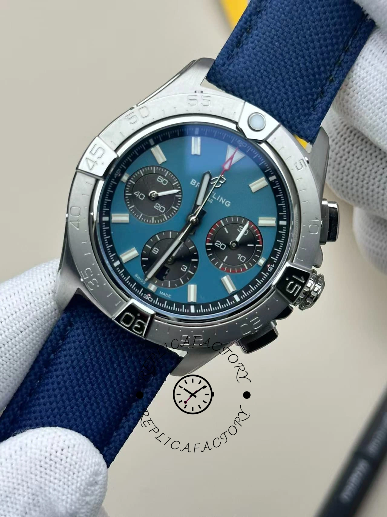 Front angled view of the Breitling Avenger B01 Chronograph 44 AB0147101C1X1 with blue dial.