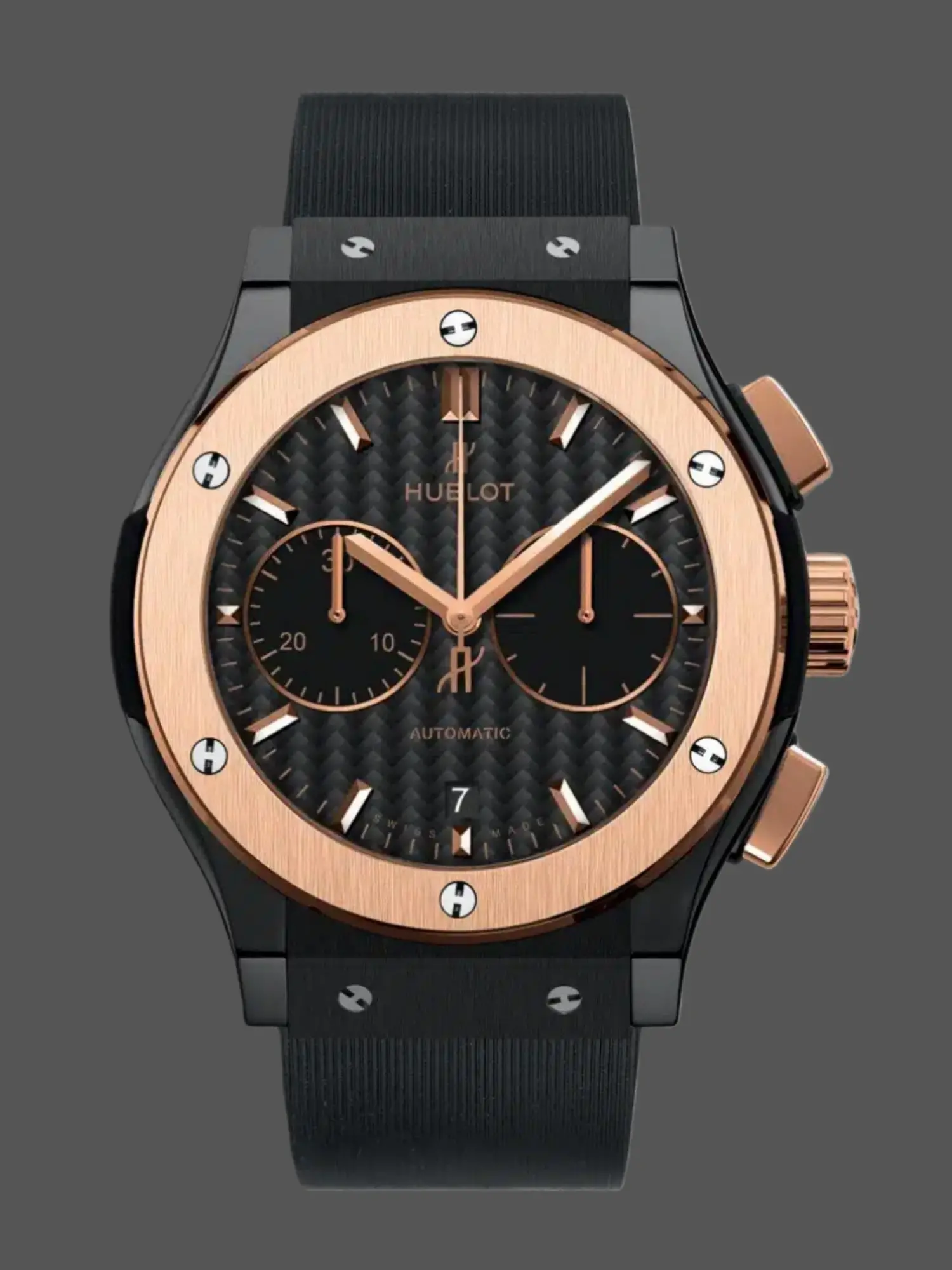 Front view of the Hublot Classic Fusion 521.CO.1781.RX showing carbon-pattern dial and rose gold bezel.