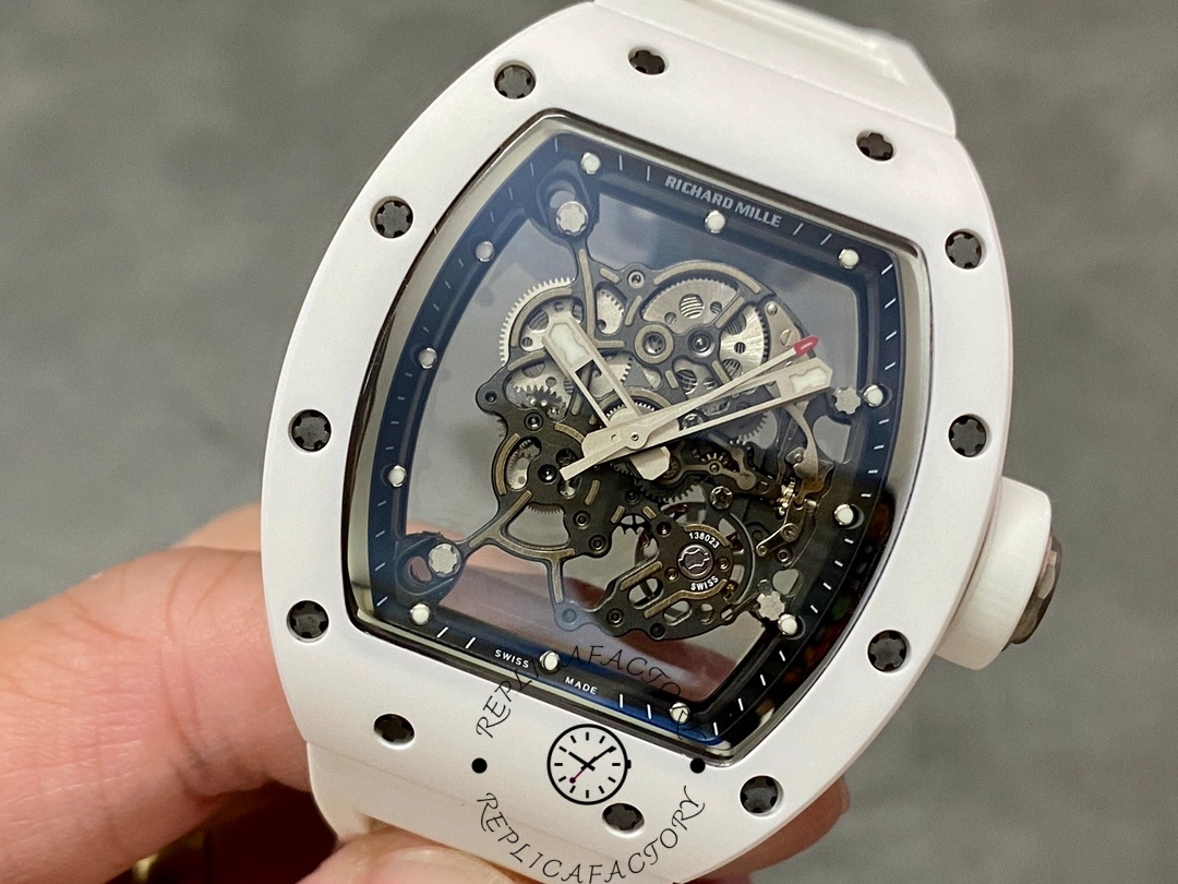 Detailed front shot of Richard Mille RM 055 RMUL2 showing skeleton movement and ceramic case.