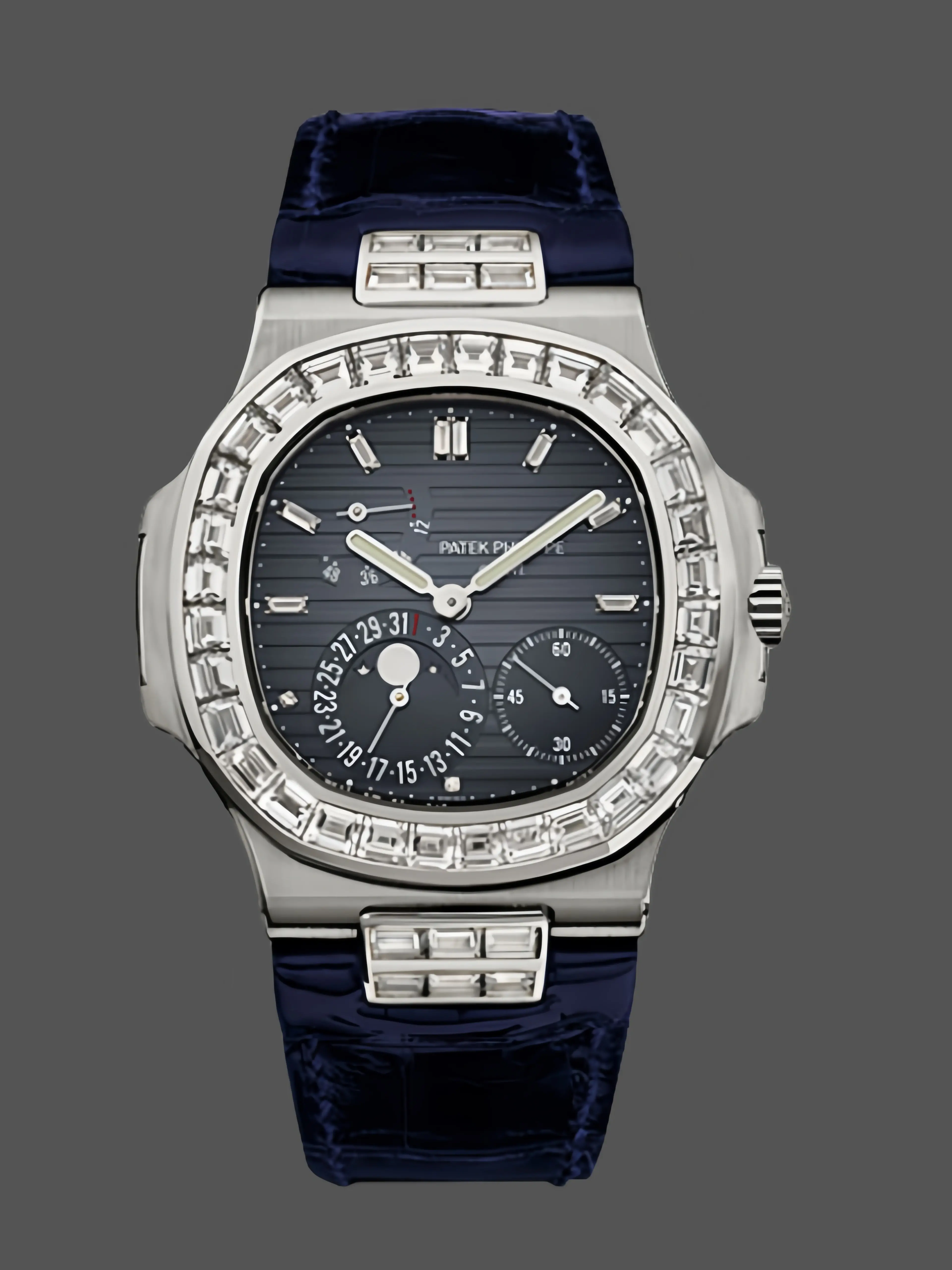 Front render of Patek Philippe Nautilus 5724G-001 with diamond bezel and black dial.